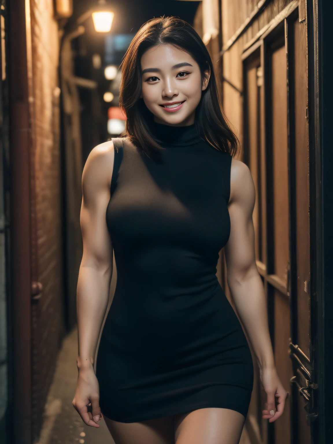 (Raw photo:1.2), (Photorealsitic:1.4), huge filesize, hight resolution, ighly detailed, top-quality, (masterpiece:1.6),(Hyper-realistic: 1.4), ighly detailed, nffsw, finely detail, top-quality, 8k wallpaper,People with Japan,((Girl with clear white skin)),17 age、FULL BODYSHOT、((Muscular woman like a bodybuilder:1.2)) ,(Hourglass-shaped body)、((Huge ass)),((thick and strong legs:1.4))、((Thick arms with sculpted muscles:1.3))、wide breasts, ((Disproportionately huge breasts:1.4))、((Lori face:1.2))、Narrow eyes, cute face, Narrow eyes,((A smile))、((Straight hair、One-length))、((((Sleeveless Black Body Con Dress:1.3))))、((Stand at the end of a narrow alley in the middle of the night、A big city lined with neon-lit Western-style izakayas))、 (Realistic: 1.3), (Smooth lighting: 1.05), (Improved cinematic lighting: 0.9), Realistic lighting, Backlight, Face Light, raytrace, (Whitening light: 1.2), ( Top quality real skins: 1.4), (Body Line Mood Increase:1.1), (Skin Texture Enhancement Beauty:1.1),