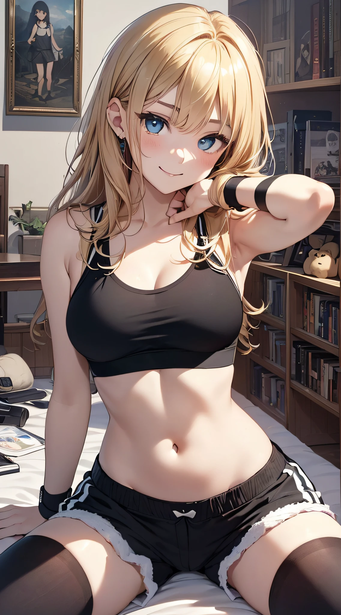 top-quality、Top image quality、masterpiece、girl with((18year old、Black Sports Bra、Black shorts、Best Bust、Bust 85、a blond、Semi-long、Blue eyes、open chest wide、Valley、Happiness、Black wristband on wrist、A slender、耳Nipple Ring、The wind blows,Downer Look、Smile、Lying on the bed))hiquality、Camera Film Style、Background with((Nice and clean room.))、Depth(The table、DVR、bookcase)masutepiece、cool style、Elaborate design、visualart
