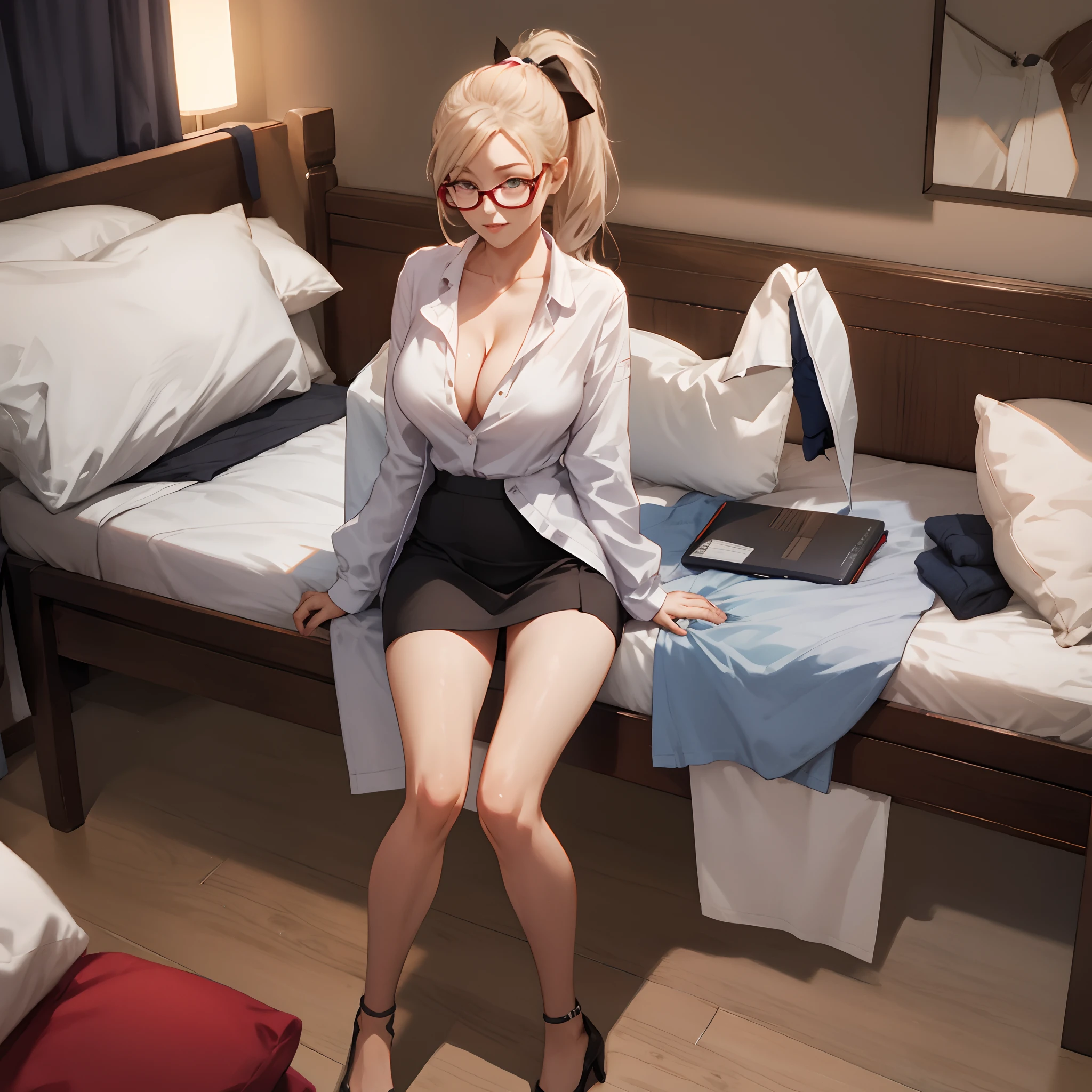 Two ponytailed schoolgirls,JK service,Long legs,Beth,is shy,big breasts exposed cleavage,Bigchest,short skirt,Sit on the bed,Harnes,adolable,wears glasses,Warm lighting,
