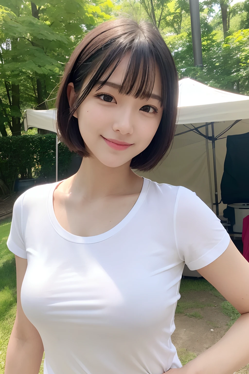 Very sharp、Very sharp face、best qualtiy、short-cut、ighly detailed、ultra-detailliert、(realisitic、Photorealsitic:1.3)、a smile、camp、plein air、white t-shirts、The weather is good、BBQ、1 Girl's upper body