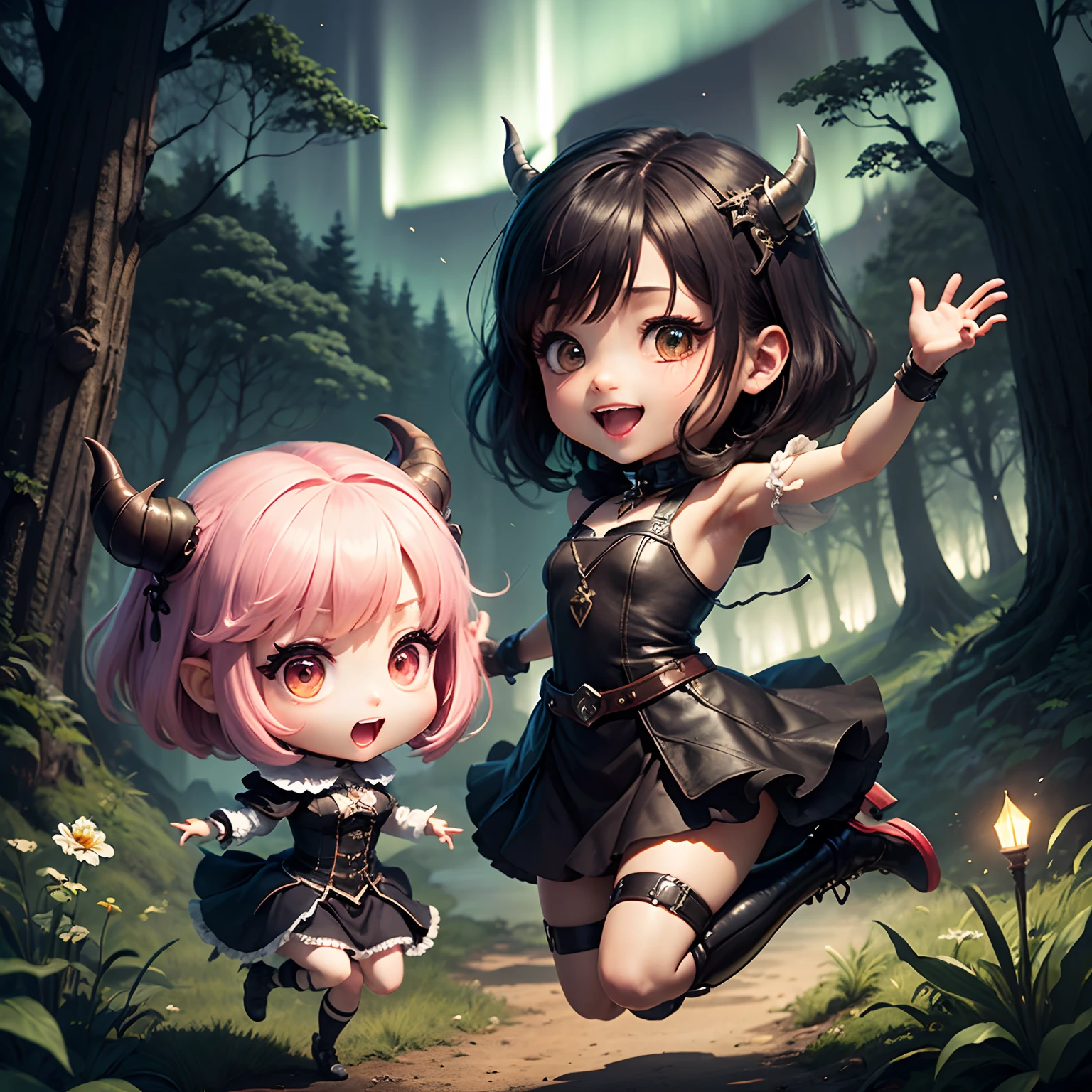 masterpiece、top-quality、ultra-detailliert、(Devil's daughter:1.2)、(Chibi Chara:1.1)、wraith、Dark ash princess hair、Open your mouth and smile、Hill in the forest、Jumping、Aurora、optic、