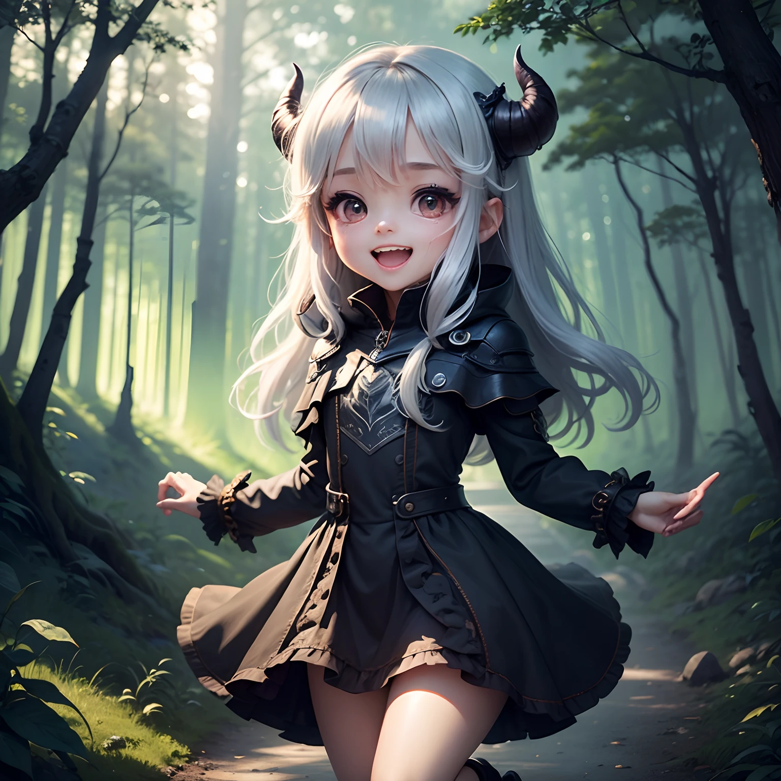 masterpiece、top-quality、ultra-detailliert、(Devil's daughter:1.2)、(Chibi Chara:1.1)、wraith、Dark ash princess hair、Open your mouth and smile、Hill in the forest、Jumping、Aurora、optic、