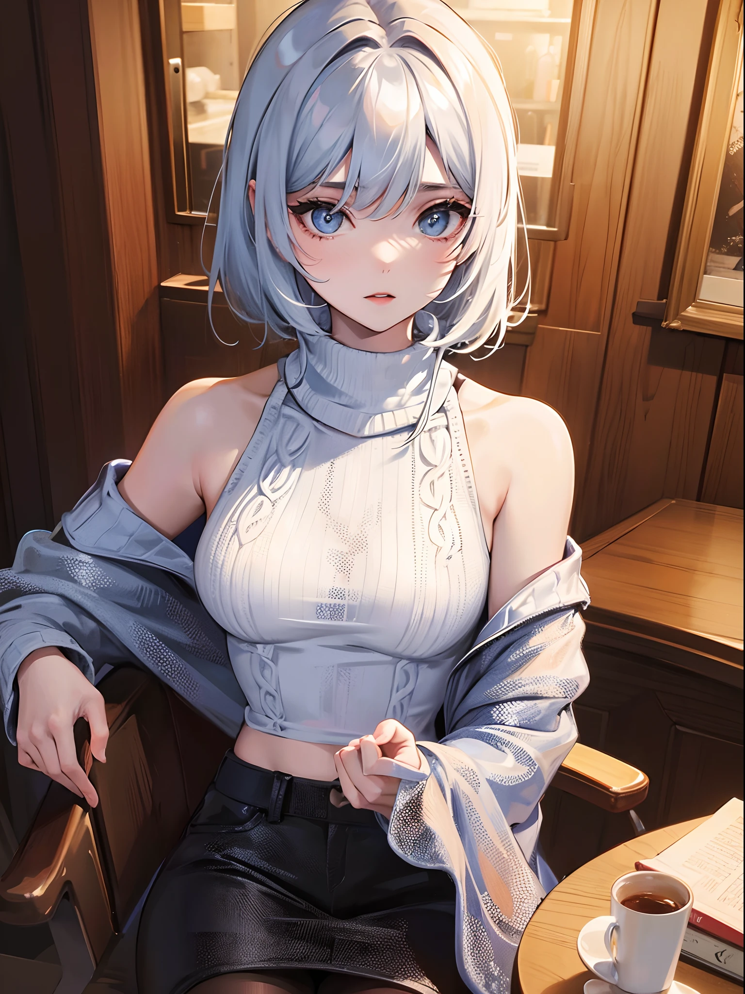 girl with、frontage、knitted sweater、top-quality、Contrasty、Shoulders are protruding
