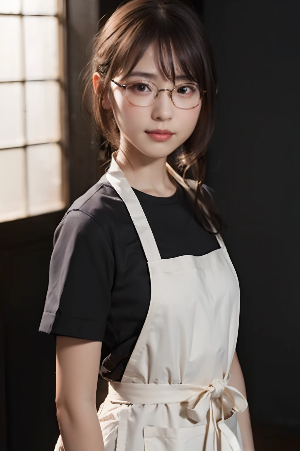 (8K、Raw photography、top-quality、​masterpiece:1.2)、(realisitic、Photorealsitic:1.37)、ultra-detailliert、超A high resolution、女の子 1 人、29yo、see the beholder、beautifull detailed face、Smile、Constriction、(Slim waist) :1.3)、Beautiful detailed skin、Skin Texture、Floating hair、Hair bunched into one、(Apron:1.4)、Professional Lighting、Autumn afternoon、kitchin、(((Black square glasses )))、Whole human body、Black hair、((Shameful appearance))、