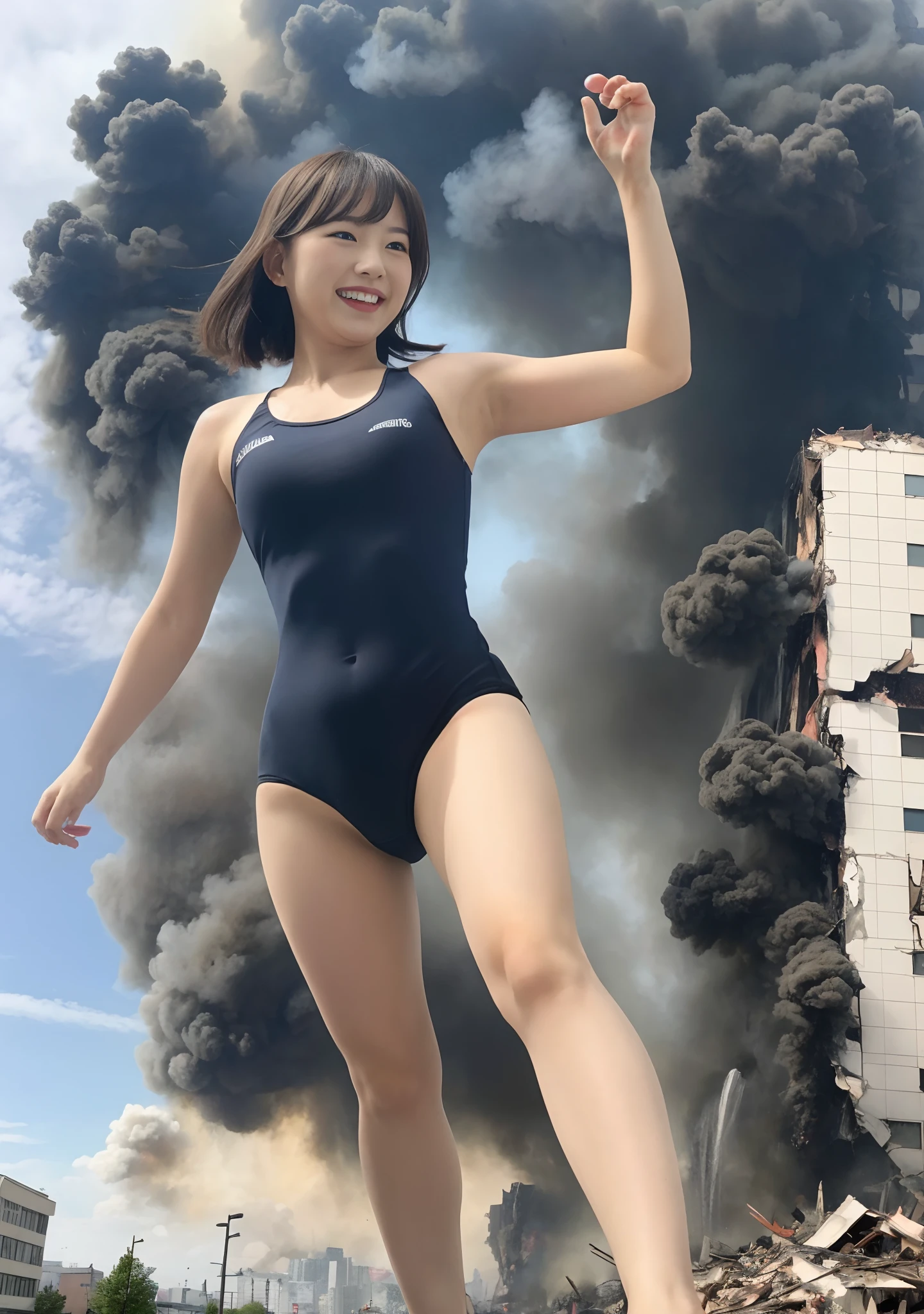 masterpiece, highly detailed, high resolution, 1girl, gtscity, tokyo, stomping on buildings, destroying buildings, collapsed buildings, destroyed city, buildings on fire, buildings exploding, smoke coming out of buildings, smiling, looking happy, small city, little people, photorealistic, cute Japan girls, medium breasts, school swimsuit, barefoot, toes, Dynamic angle, from below