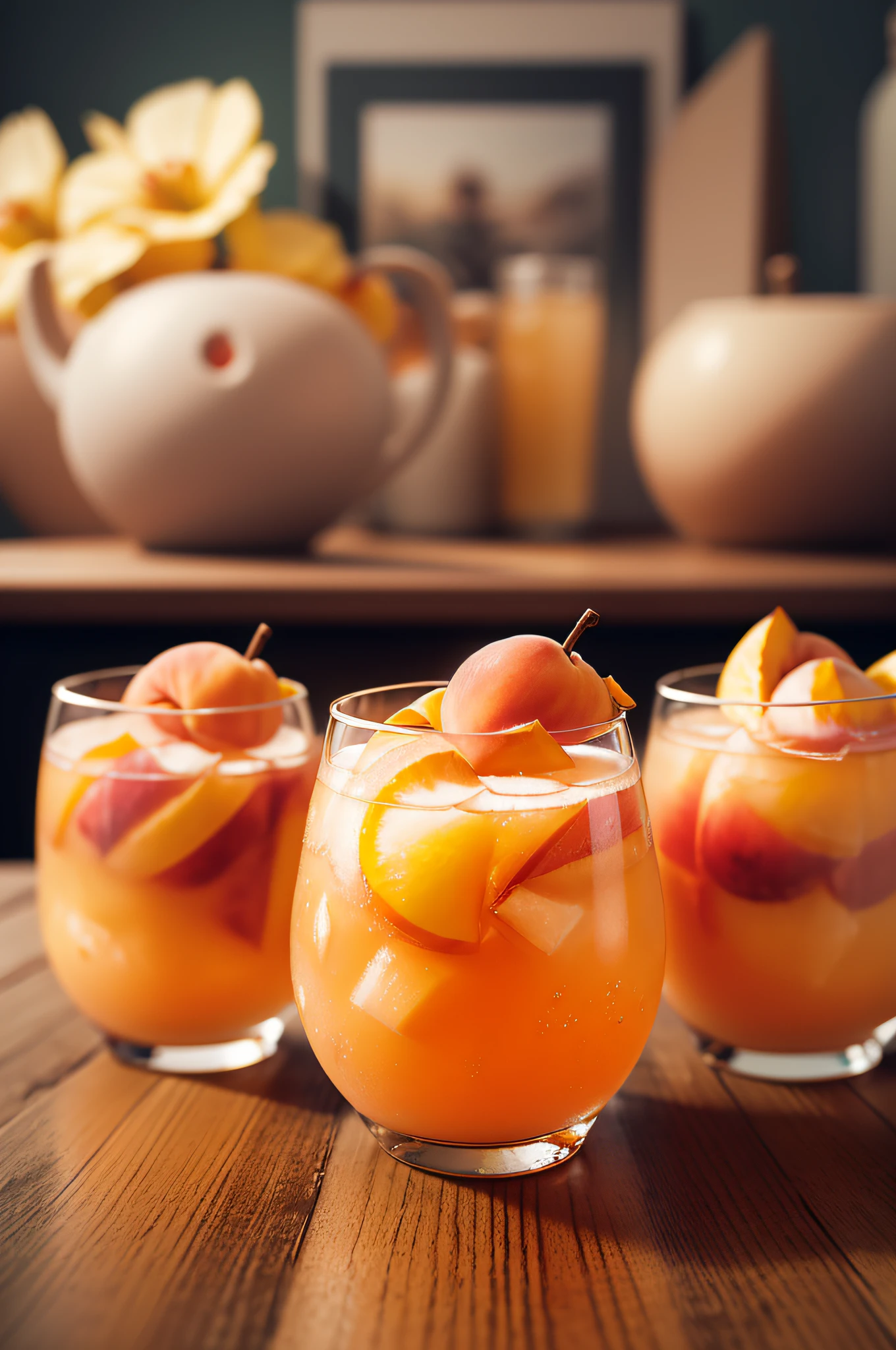 peaches drinks with a few peaches on top glass, (8k、fotografia RAW、qualidade superior、obra prima:1.2)、(realisitic、fotorrealista:1.37)、(ultra-detalhada)