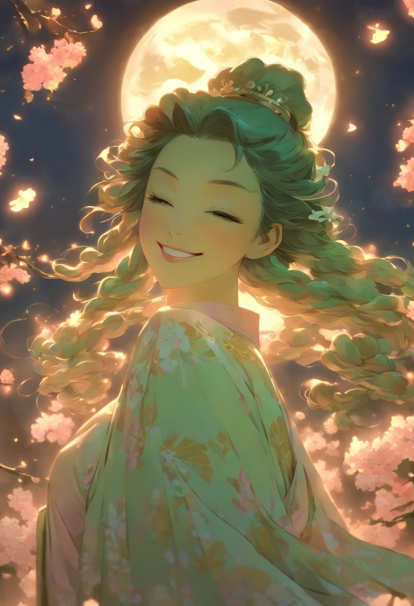 Masterpiece, Best, Night, full moon, 1 female, Mature woman, Chinese style, Ancient China, sister, Royal Sister, Smile, Dark brown hair, Dark hair, Princess cut, Braid, Curly hair, Double ball head, Pale pink lips, calm, Intellectual, Medium hair, Green pupils, Hairpin, hydrangea, Delicate face, facial closeups, Close-up of the hand