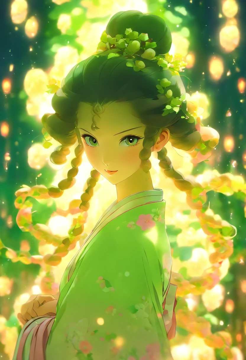 Masterpiece, Best, Night, full moon, 1 female,  woman, Chinese style, Ancient China, sister, Royal Sister, Smile, Dark brown hair, Dark hair, Princess cut, Braid, Curly hair, Double ball head, Pale pink lips, calm, Intellectual, Medium hair, Green pupils, Hairpin, hydrangea, Delicate face, facial closeups, Close-up of the hand