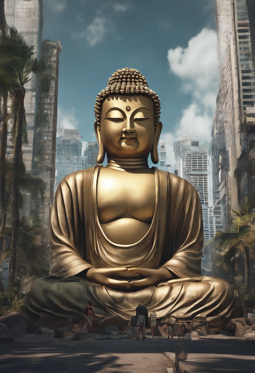 (The upper body of a giant tall Buddha statue in the distance:1.5,),(race
Bopunk city background:1.2),(真实感:1.4),(best qualtiy:1.0),(Super high ratings:1.0),8K, RAW photos,(tmasterpiece:0.2),ultra - detailed,(Pilgrims on the road:0.8)
