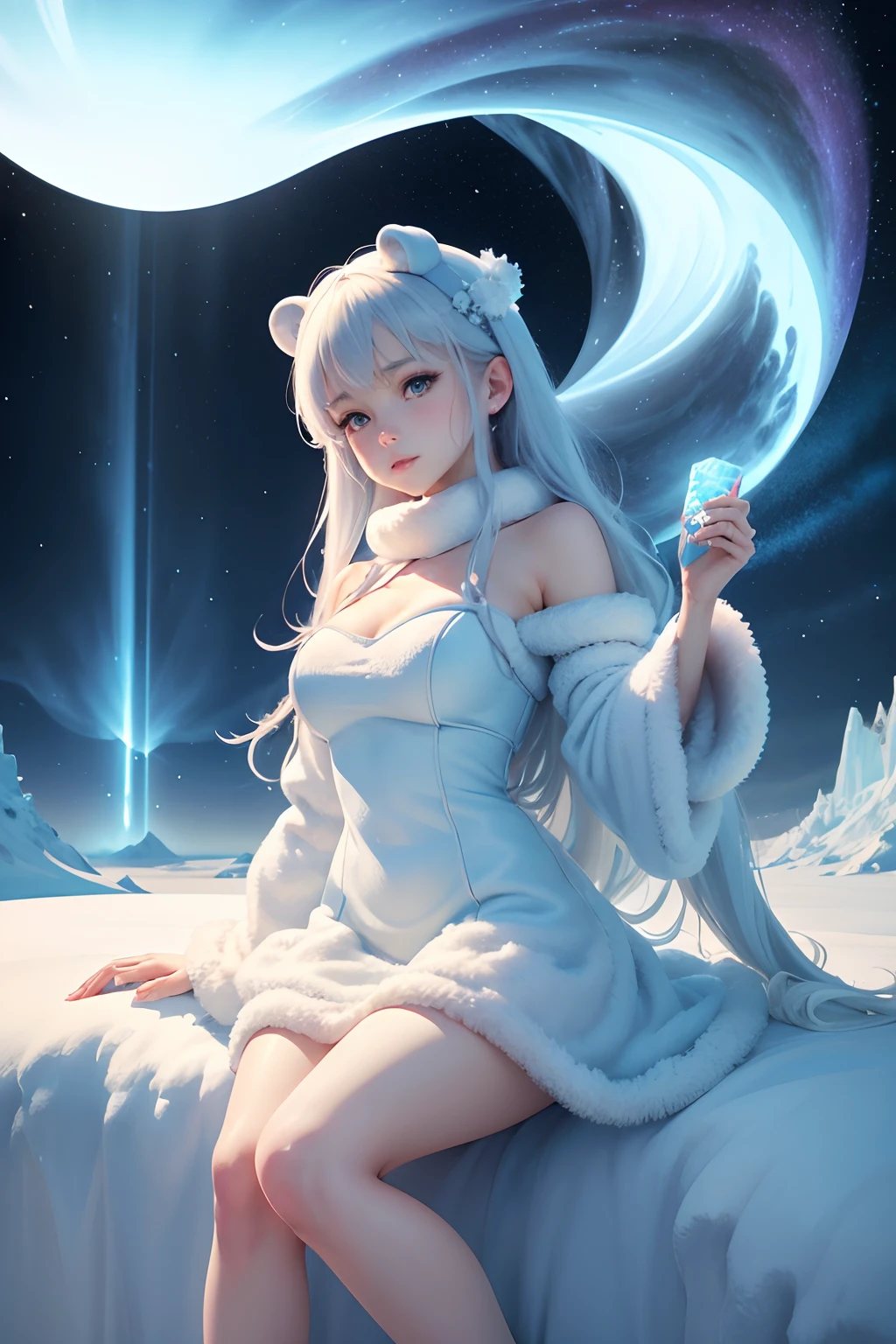 (best quality, 4k, highres, masterpiece:1.1), ultra-detailed, anime, polar bear, girl in ice dress, seductive pose, snow,the light blue and white color palette, northern lights waterfall ice