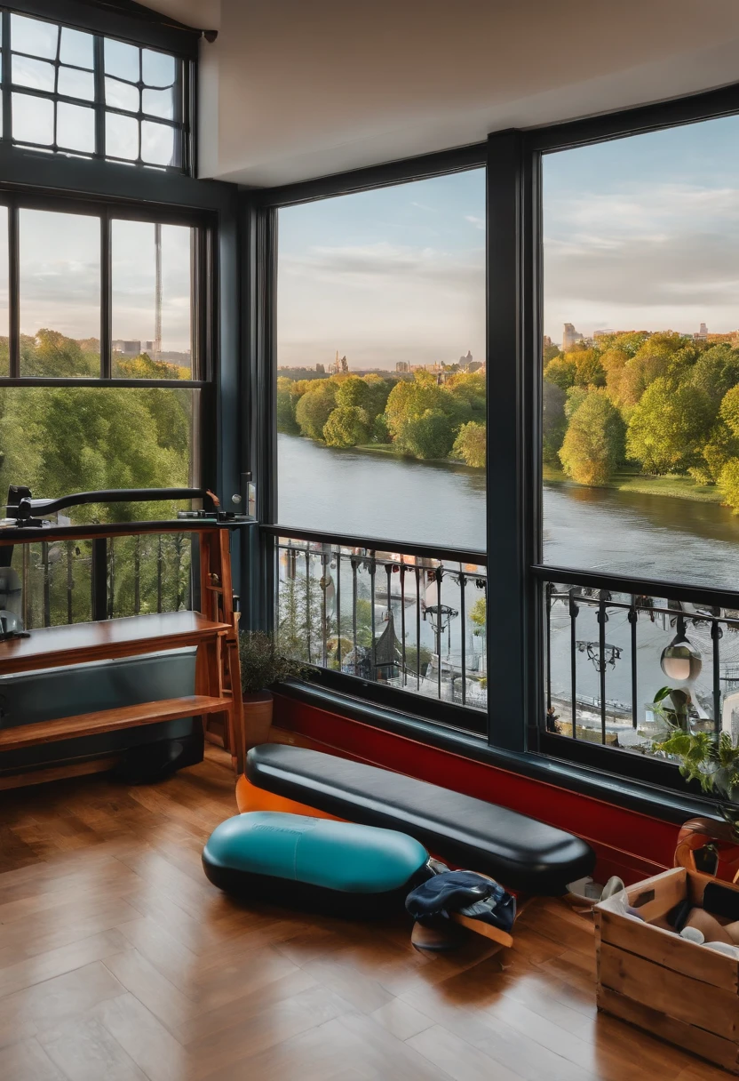 Elegant space，Bright，European style wainscoting，Pilates Space，Fitness equipment，River view from the window