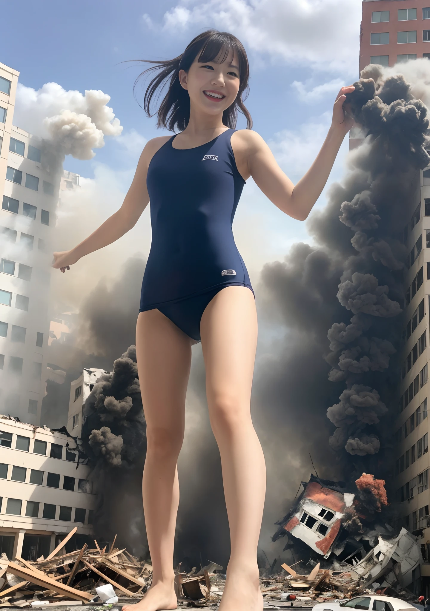 masterpiece, highly detailed, high resolution, 1girl, gtscity, tokyo, stomping on buildings, destroying buildings, collapsed buildings, destroyed city, buildings on fire, buildings exploding, smoke coming out of buildings, smiling, looking happy, small city, little people, photorealistic, cute Japan girls, medium breasts, school swimsuit, barefoot, toes, Dynamic angle, from below