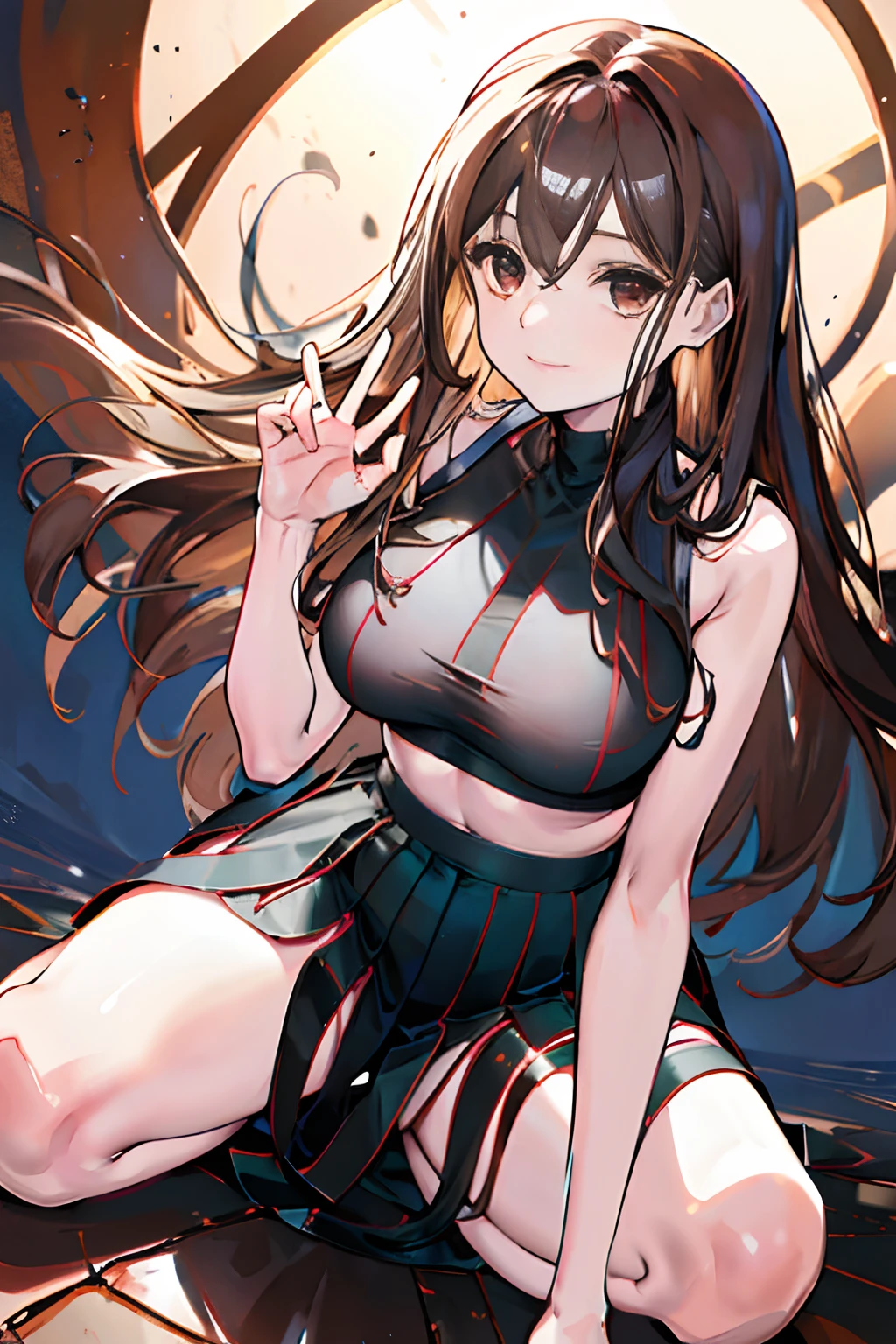 A  girl,long wavy brown hair,brown eye, Smiling,sits on knees,in a black skirt and crop top