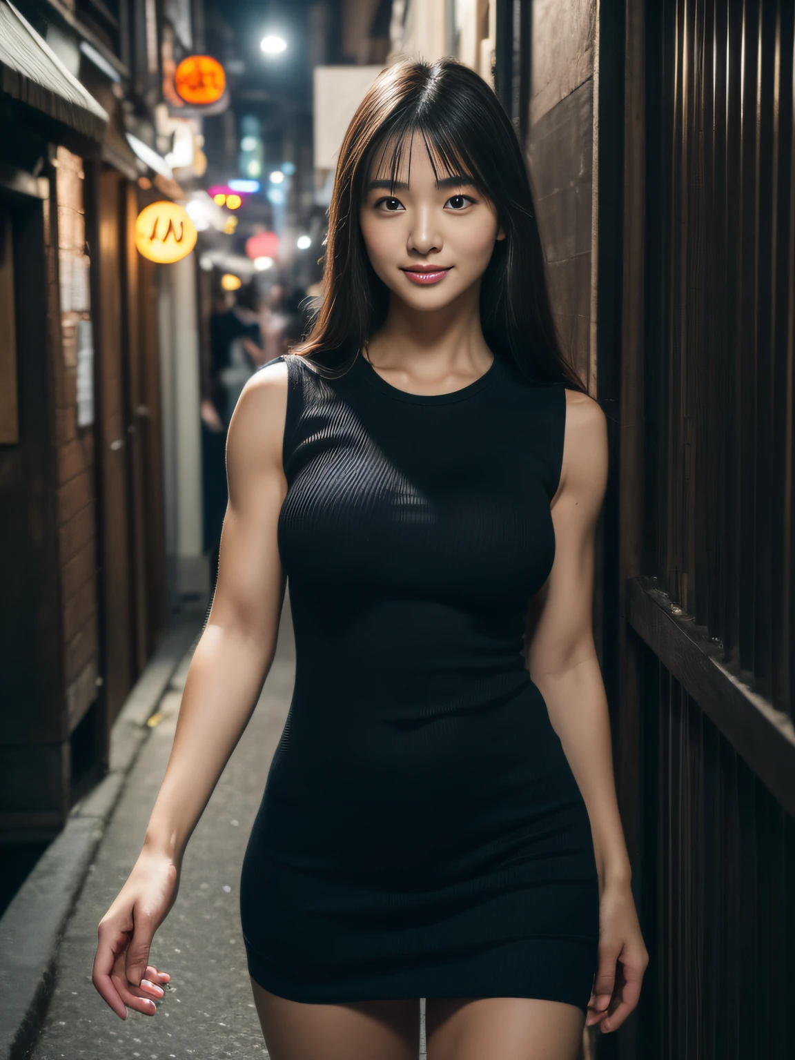 (Raw photo:1.2), (Photorealsitic:1.4), huge filesize, hight resolution, ighly detailed, top-quality, (​masterpiece:1.6),(Hyper-realistic: 1.4), ighly detailed, nffsw, finely detail, top-quality, 8k wallpaper,People with Japan,((Girl with clear white skin)),17 age、FULL BODYSHOT、((Muscular woman like a bodybuilder:1.2)) ,(Hourglass-shaped body)、((Huge ass)),((thick and strong legs:1.4))、((Thick arms with sculpted muscles:1.3))、wide breasts, ((Disproportionately huge breasts:1.4))、((Lori face:1.2))、Narrow eyes, cute  face, Narrow eyes,((A smile))、((Straight hair、One-length))、((((Sleeveless Black Body Con Dress:1.3))))、((Stand at the end of a narrow alley in the middle of the night、A big city lined with neon-lit Western-style izakayas))、 (Realistic: 1.3), (Smooth lighting: 1.05), (Improved cinematic lighting: 0.9), Realistic lighting, Backlight, Face Light, raytrace, (Whitening light: 1.2), ( Top quality real skins: 1.4),  (Body Line Mood Increase:1.1),  (Skin Texture Enhancement Beauty:1.1),