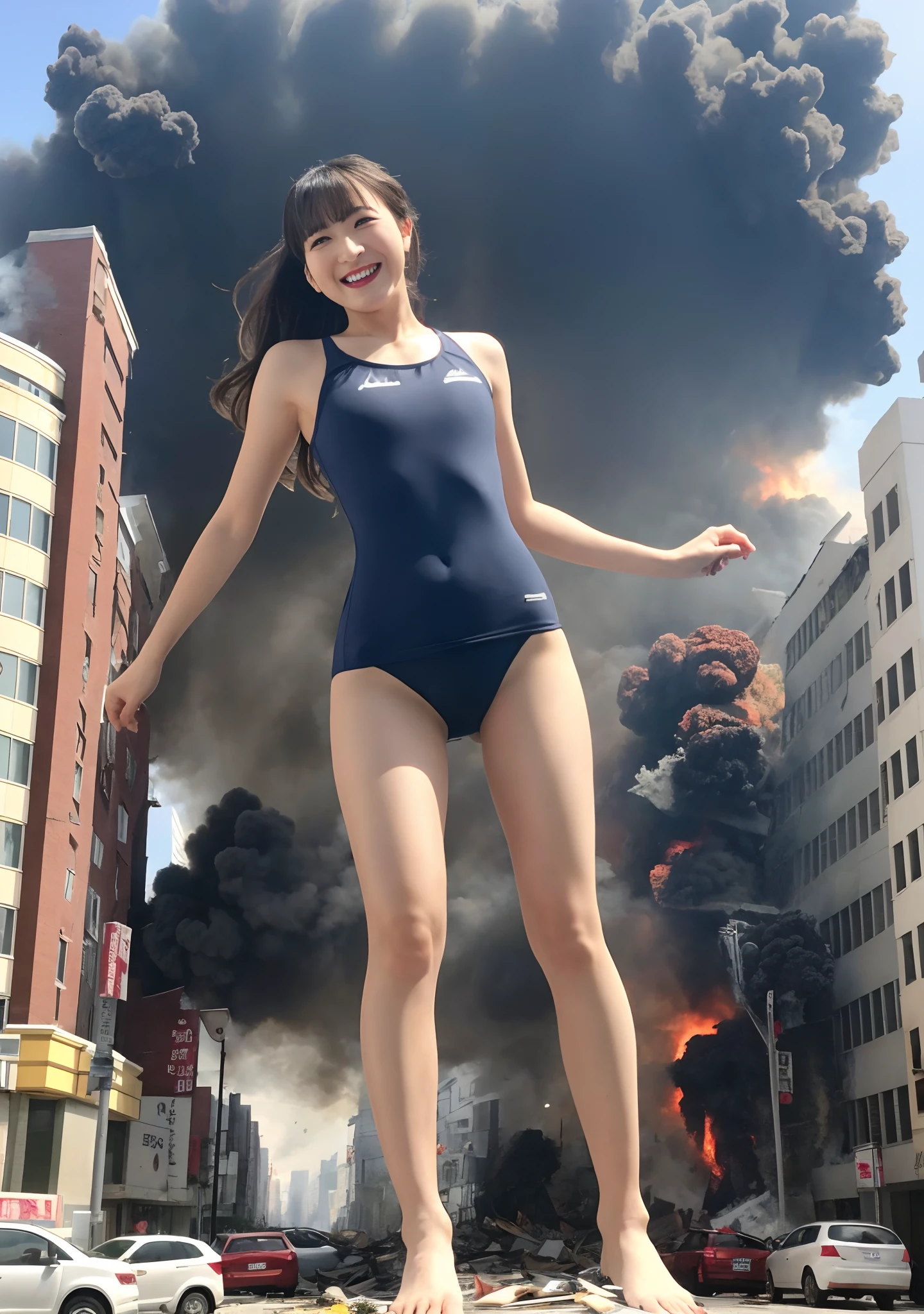 masterpiece, highly detailed, high resolution, 1girl, gtscity, tokyo, stomping on buildings, destroying buildings, collapsed buildings, destroyed city, buildings on fire, buildings exploding, smoke coming out of buildings, smiling, looking happy, small city, little people, photorealistic, cute Japan girls, medium breasts, school swimsuit, barefoot, toes, Dynamic angle, from below