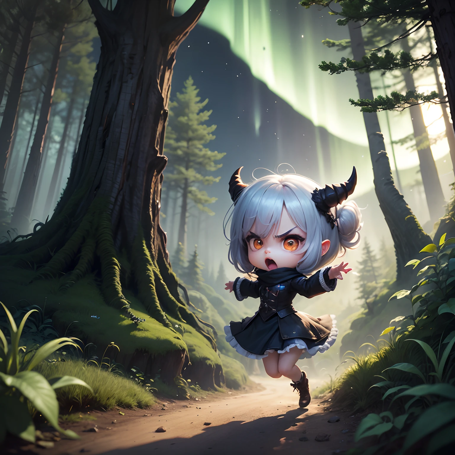 masterpiece、top-quality、ultra-detailliert、(Devil's Daughter:1.2)、(Chibi Chara:1.1)、wraith、Dark Ash Princess Hair、get angry、Hill in the forest、Jumping、Aurora、optic、