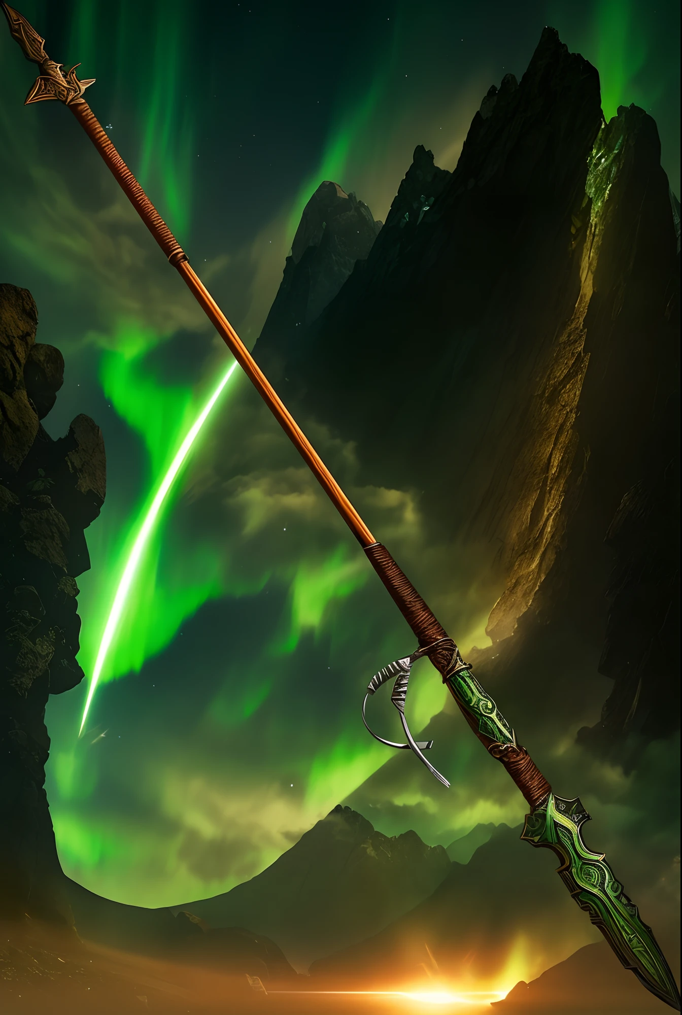 ((altamente detalhado)), ((alta qualidade)), ((master part)), 1 boom, Indigenous weapon, A magical artifact, She's long and slender.., feita de madeira e um metal desconhecido, brilha com uma luz suave, The handle of the boom is wrapped in worked leather, The blade of the spear is sharp and shines with a light of its own,In the center of the blade, There is an intricate symbol that represents the connection with the Earth, This symbol glows with a green light when the spear is used, a sign of his magical power, 1 boom,