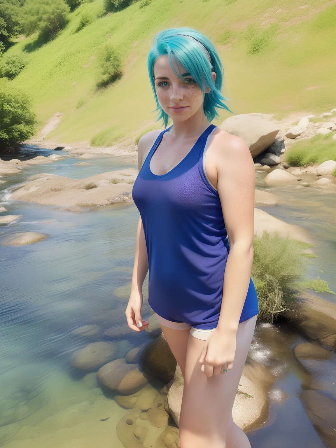 ((arafed woman with blue hair and green hair taking a selfie outside beside a river)), full pov, ((freckled)), ((big freckles)), cute freckles, light cute freckles, RAW photo, hyper photorealistic, detailed skin, soft natural raw light, highly detailed, best quality, ultra detailed, extremely detailed, taken from mobile camera, deep depth of field, grain, noise, ((nose freckles)), ((hint of freckles)), ((cleavage showing)), ((woman with freckles)), ((hint of shoulder freckles)), ((freckles!!!)), ((freckled arms)), ((freckled chest!!!)), ((light cute freckles)), ((sparse freckles)), ((wider hips)), ((fatter ass)), ((wearing a tighter tanktop and tighter booty shorts)), ((freckled arms))