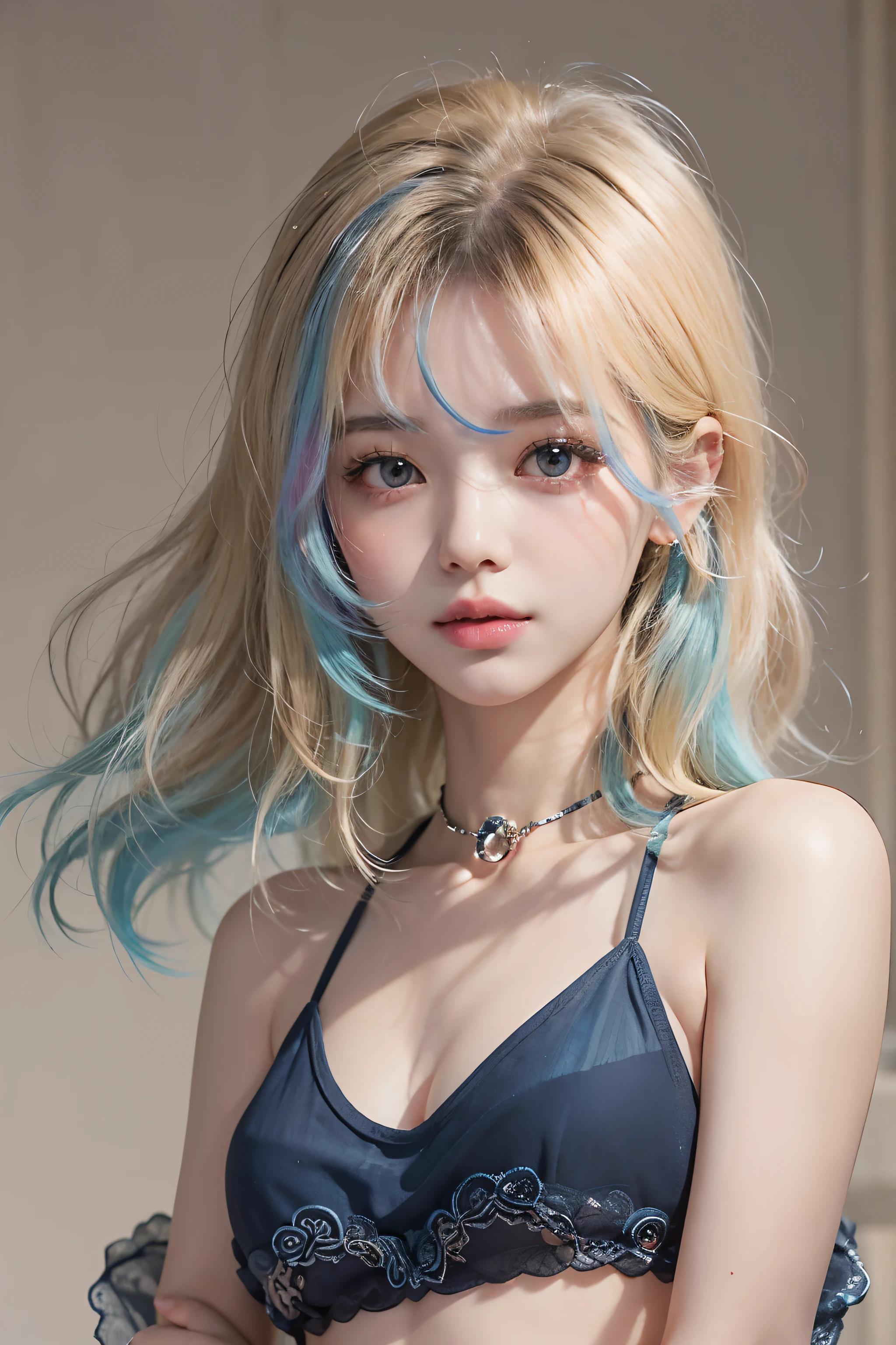 1girl in、in her 20s、((bobhair))、(((blonde hair, blue dip-dye hair)))、(The tips of the hair are bright blue)、((bangss))、(Photoreal Stick:1.2)、in 8K、(High quality shadows)、(A charming expression)、Detail Beautiful delicate face、Detail Beautiful delicate eyes、Cute K-pop Idol、(Korean Urzan Face)、(ulzzang -6500-v1.1:0.6)、pureerosface_v1、(looking at view)、gloweyes、perfectbody、((strong lights))、(a choker)、((Brown eyes))、((Beautiful Finger))、 Shiny hair、Description beautiful delicate hair、(Lustrous skin)、((Black see-through dress))、hallway、 (early evening)、Background blur、电影灯光、