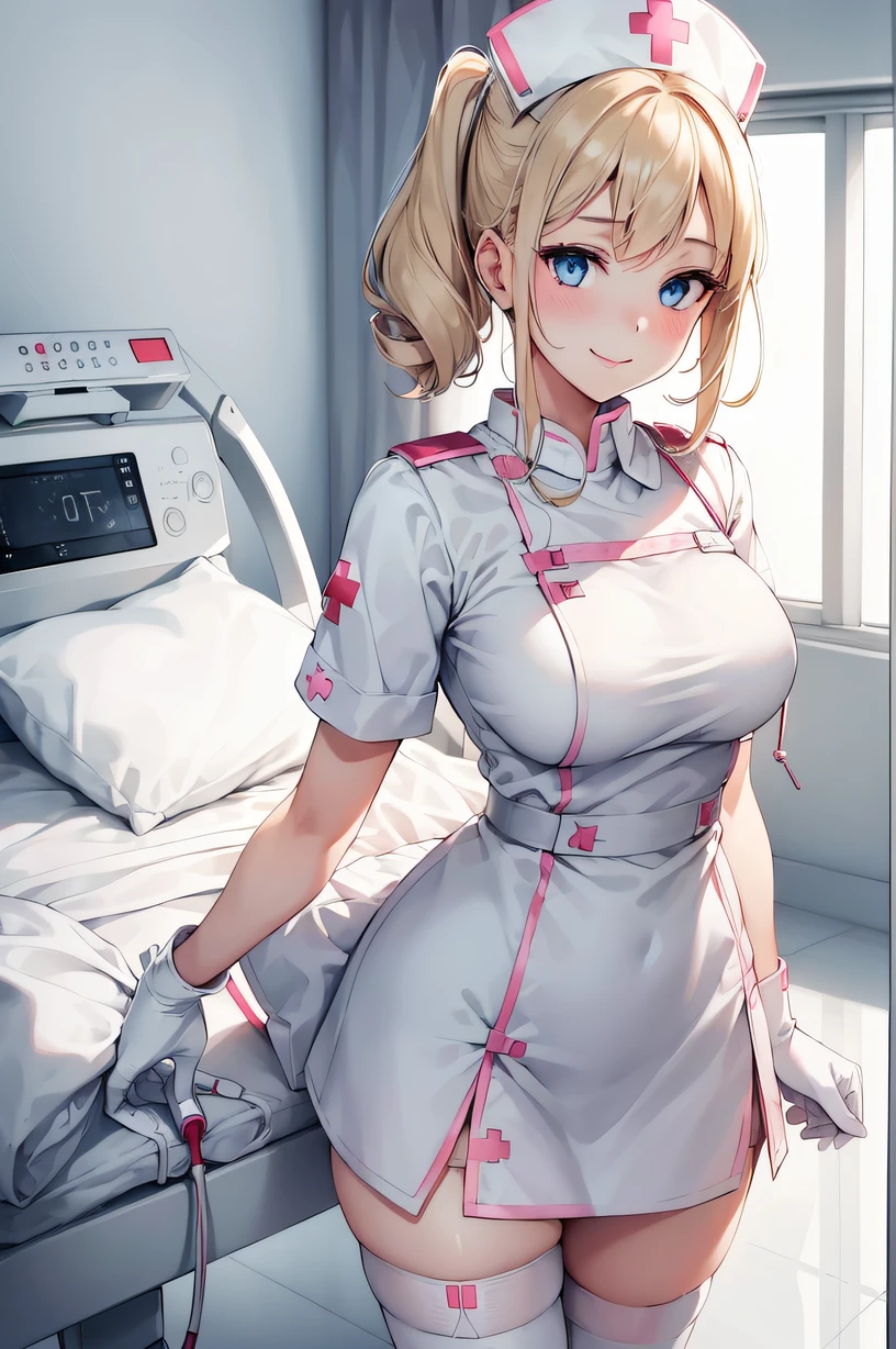 1girl, nurse, nurse cap, white wear, ((white legwear, zettai ryouiki)), white gloves, blonde hair, blue eyes, pink lips, smile, standing, ((hospital room)), sharp outline, short sleeves, best quality, masterpiece