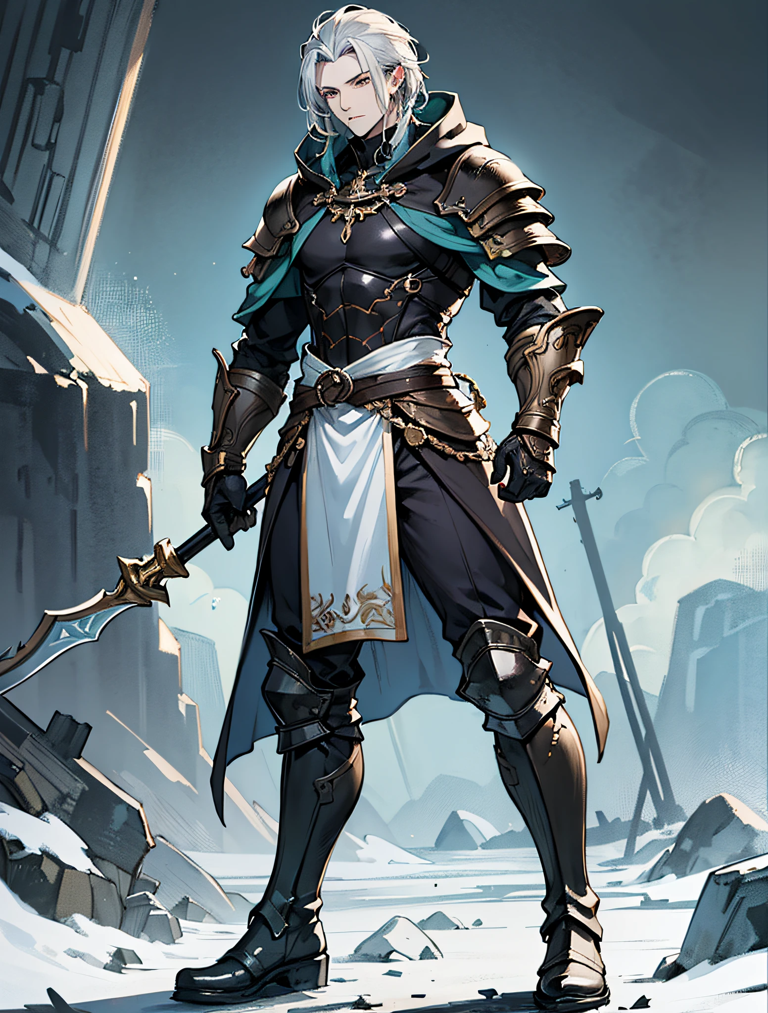 Silas is a tall and lean figure with long, unkempt silver hair that flows to his waist. His eyes are a striking, piercing shade of ice blue, and his skin is pale as if untouched by sunlight.
Costume: He is adorned in a tattered, hooded cloak made of dark, mossy green fabric. Underneath, he wears a suit of weathered, gray leather armor with engraved patterns resembling tombstones. His boots are knee-high and well-worn, and he carries a gnarled staff with a skull-shaped handle as his primary weapon.
