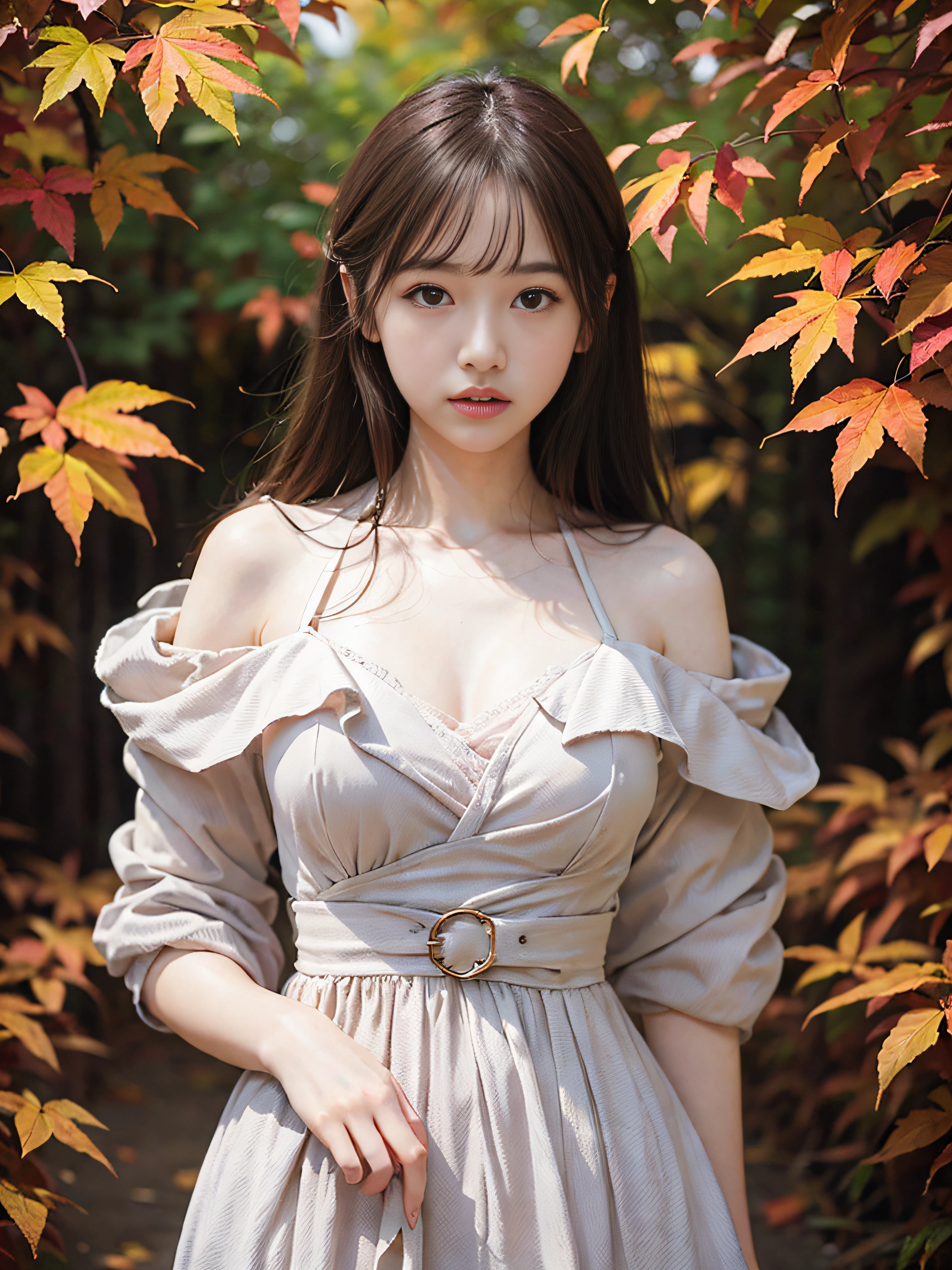 RAW image quality、8K分辨率、Ultra-high-definition CG images、Autumn leaves at night🍁、Moonlight、25 year old beautiful woman、Detailed beautiful eyes、Beautiful beautiful medium hair、Clear skin、Dress appearance、huge tit、Susukihata、depth of fields、masutepiece、absurderes、24K Graphic Arts、Carefully drawn background、Composition with depth、