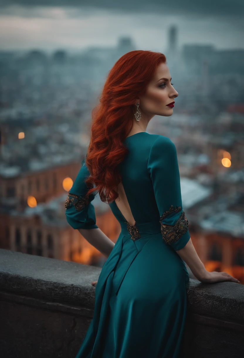 The woman,long red hair,beautiful clothing,In the background is the city