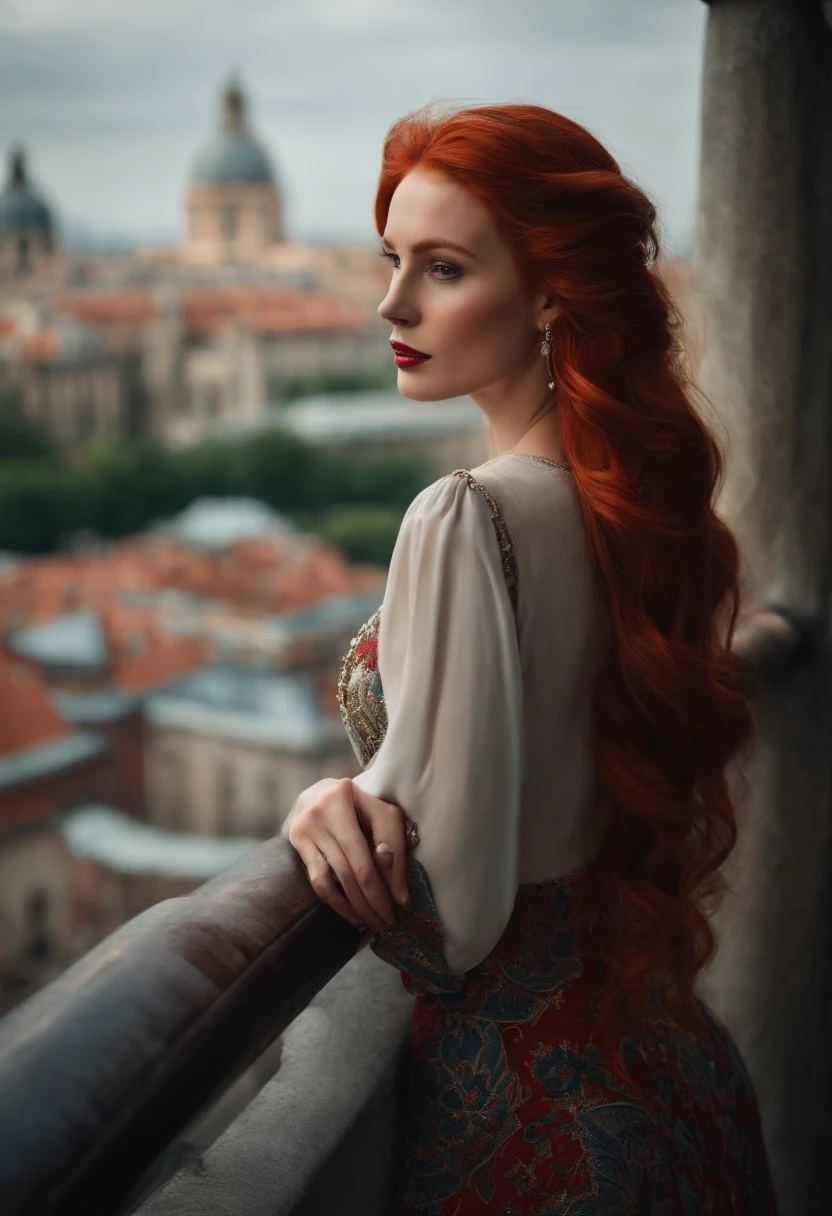 The woman,long red hair,beautiful clothing,In the background is the city