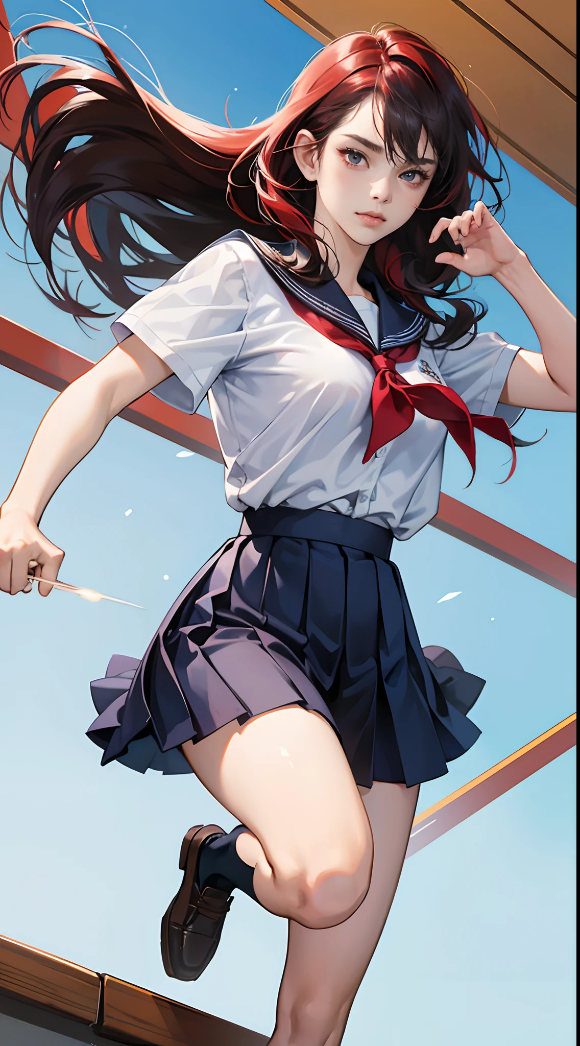 (Best Quality,4K,High resolution), 18yo woman, Red mesh hair on black hair, Long hair, Straight hair, Cool Woman,,sharp eye ，fight，The right stance，Jump Kick，Cool kick motion，Battle Games，delicately painted, Realistic portrayal，Expresses the delicate texture of the skin in every detail，School classroom background，female high-school student，School Uniforms，Navy blue skirt，summer clothing， shortsleeves，