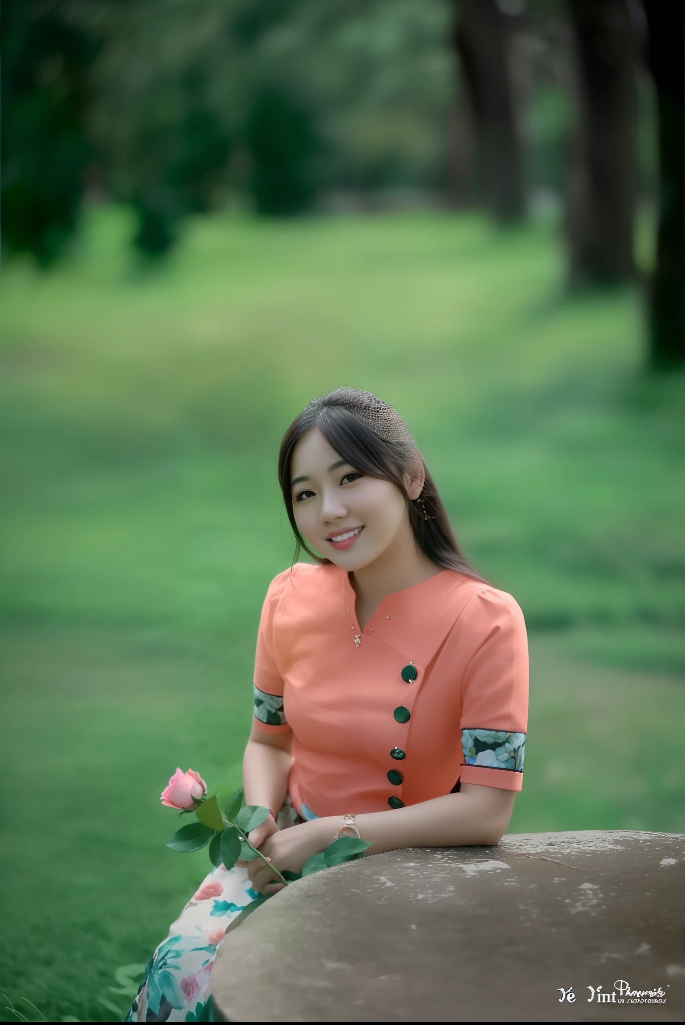 there is a woman sitting on a rock with a rose in her hand, photo of a woman, a young asian woman, an asian woman, a cute young woman, asian girl, photo of the girl, asian woman, in a park, 60mm portrait, vietnamese woman, nivanh chanthara, young asian girl, photo of young woman