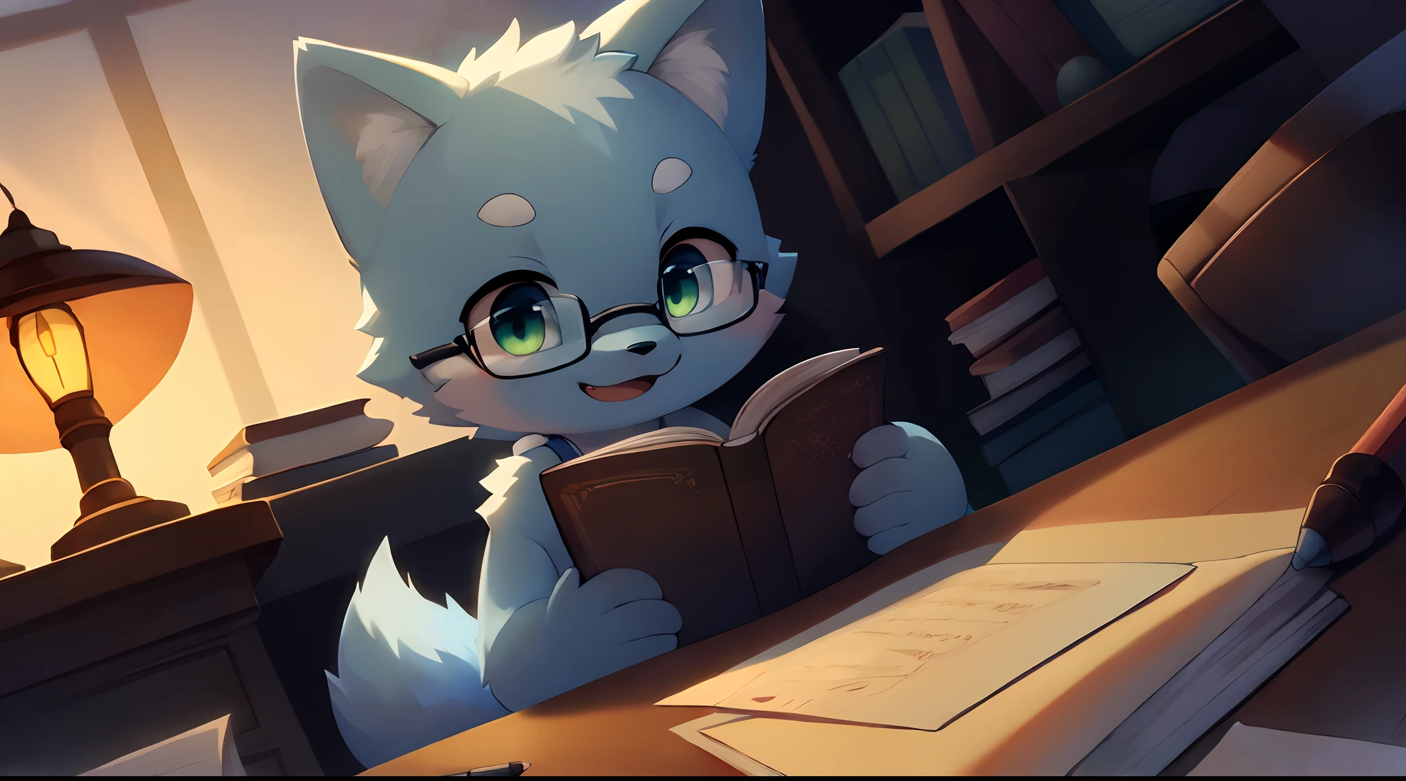 masterpiece, best quality, highly detailed, sfw, 1boy, (sitting at desk, studying, reading:1.5), (upper body:1.5), (kemono), (shota, toddler:1.25), (cub:1.25), (solo:2.0), cute, kawaii, (wolf:1.2), light blue fur, light blue face, (bald:0.25), detailed green eyes, (thick eyebrows), light blue body, light blue arms, light blue hands, light blue tail, (4 fingers:0.25), (chest tuft:0.1), detailed, (black glasses), (white tank top), detailed background, (bedroom, book, desk, paper, pen, lamp), Acoustic Guitar, warm, cozy, focus, Chill, Playful, Relaxed, Cozy, Lazy, Affectionate, Curious, Comforting, Cute,