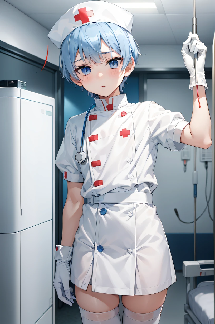 1boy, male focus, nurse, nurse cap, white wear, ((white legwear, zettai ryouiki)), white gloves, bobcut, blue hair, standing, ((hospital room)), sharp outline, short sleeves, shota, ************, best quality, masterpiece