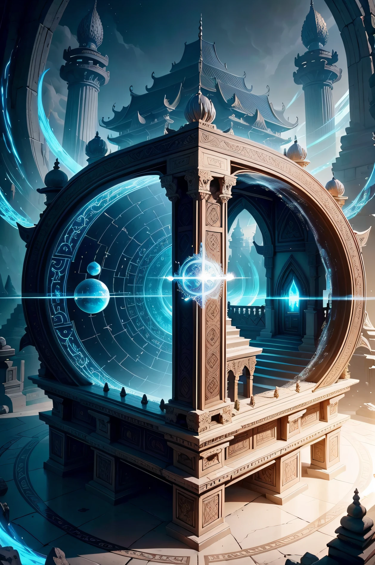 Generate a large-scale top-down RPG map featuring an expansive fantasy temple floating in a sea of Ether. The temple should be grand in size and have intricate architectural details. Include multiple rooms and chambers, each visible from the top-down view, and furnish them with fantasy-style furniture like enchanted altars, mystical bookshelves, and arcane artifacts. Surround the temple with a mystical, shimmering sea of Ether, complete with ethereal currents and magical whirlpools. The entire image should be rendered in an exquisite digital art style, focusing on various shades of blue to create an ethereal and exquisite atmosphere.