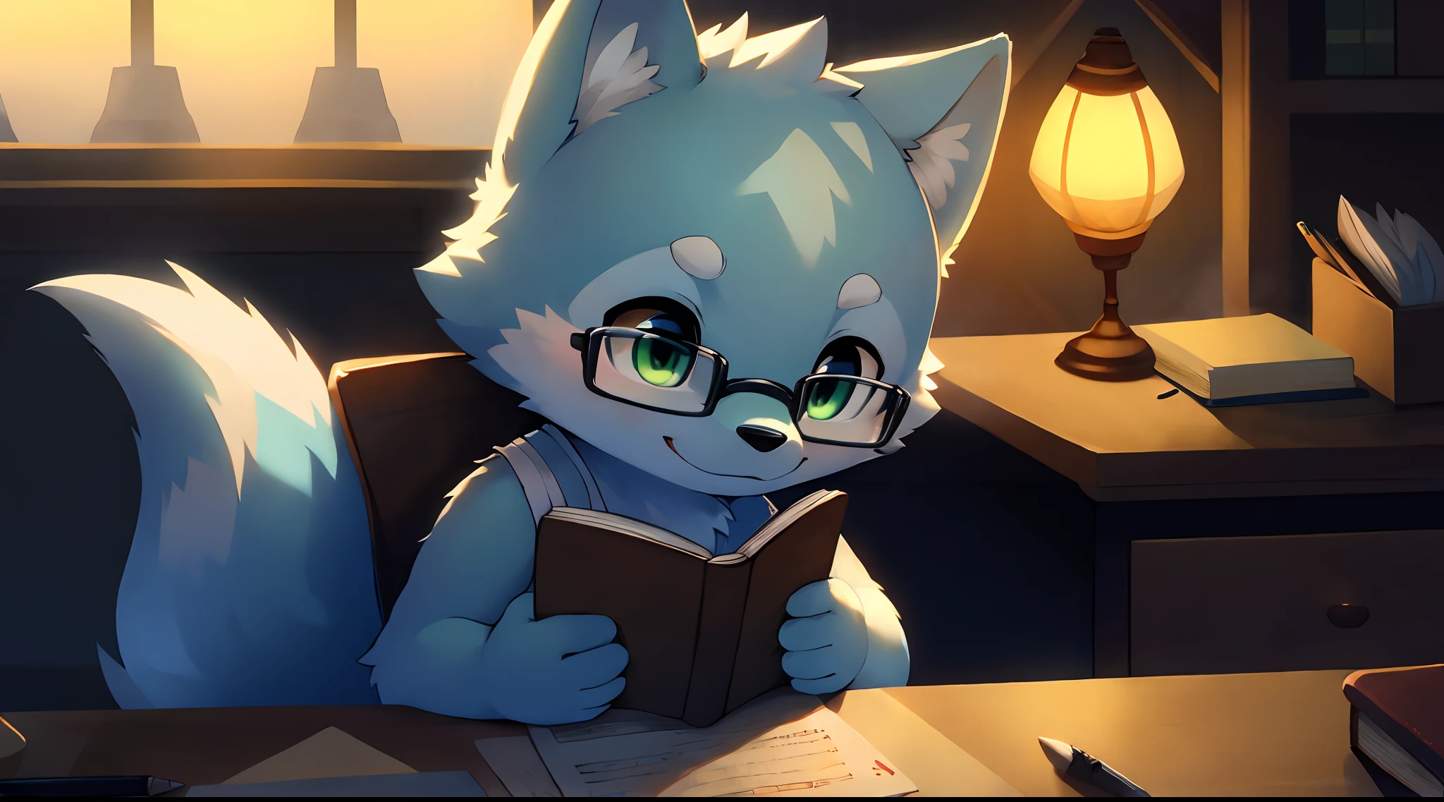 masterpiece, best quality, highly detailed, sfw, 1boy, (sitting at desk, studying, reading:1.5), (upper body:1.5), (kemono), (shota, ddler:1.25), (cub:1.25), (solo:2.0), cute, kawaii, (wolf:1.2), light blue fur, light blue face, (bald:0.25), detailed green eyes, (thick eyebrows), light blue body, light blue arms, light blue hands, light blue tail, (4 fingers:0.25), (chest tuft:0.1), detailed, (black glasses), (white tank top), detailed background, (bedroom, book, desk, paper, pen, lamp), Acoustic Guitar, warm, cozy, focus, Chill, Playful, Relaxed, Cozy, Lazy, Affectionate, Curious, Comforting, Cute,