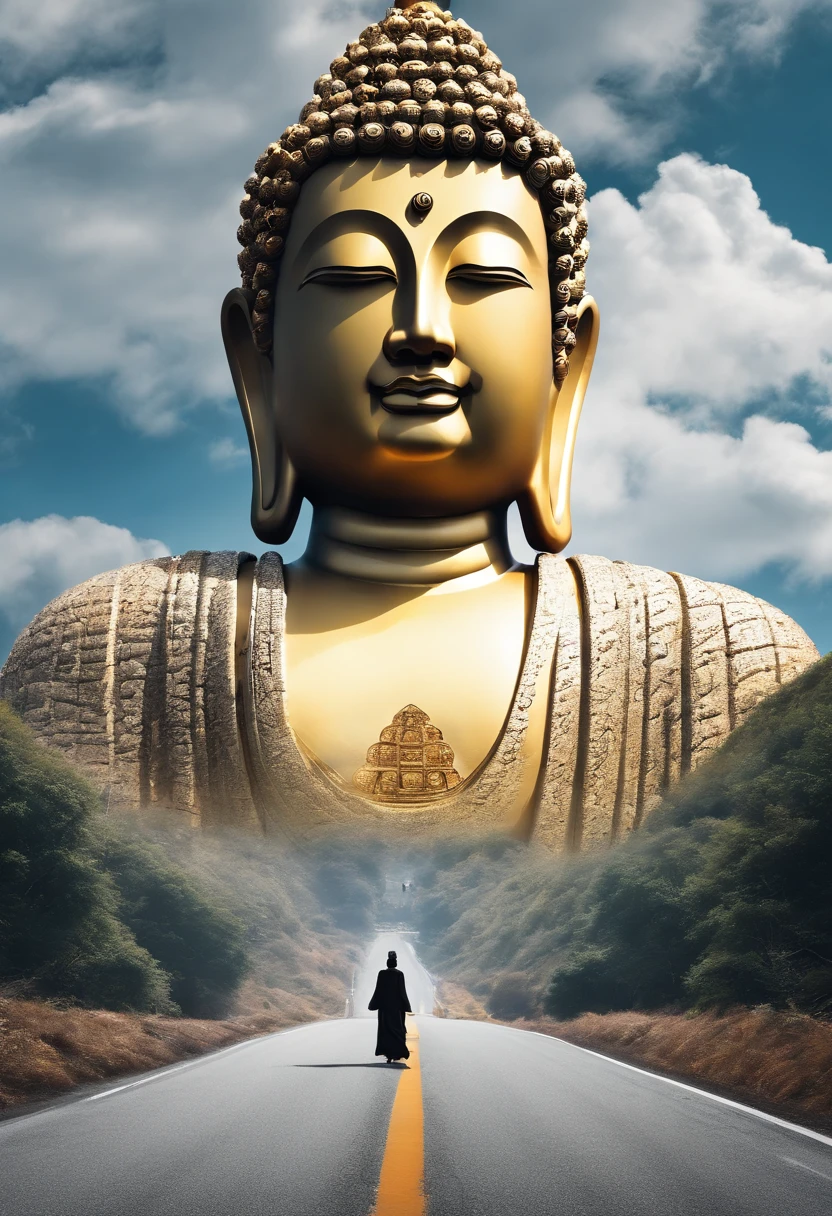 (Towering Buddha statue in the distance:1.5),(Kamiyama Background:1.2),(Pilgrims on the road:1.8),The clouds are ethereal,in wonderland,(photo-realistic:1.4),(Best quality:1.0),(Highly concerned:1.0),8K,RAW photo,(Masterpiece:0.2),Ultra-detailed,In the distance is a huge tall Buddha statue,Pilgrims on the road