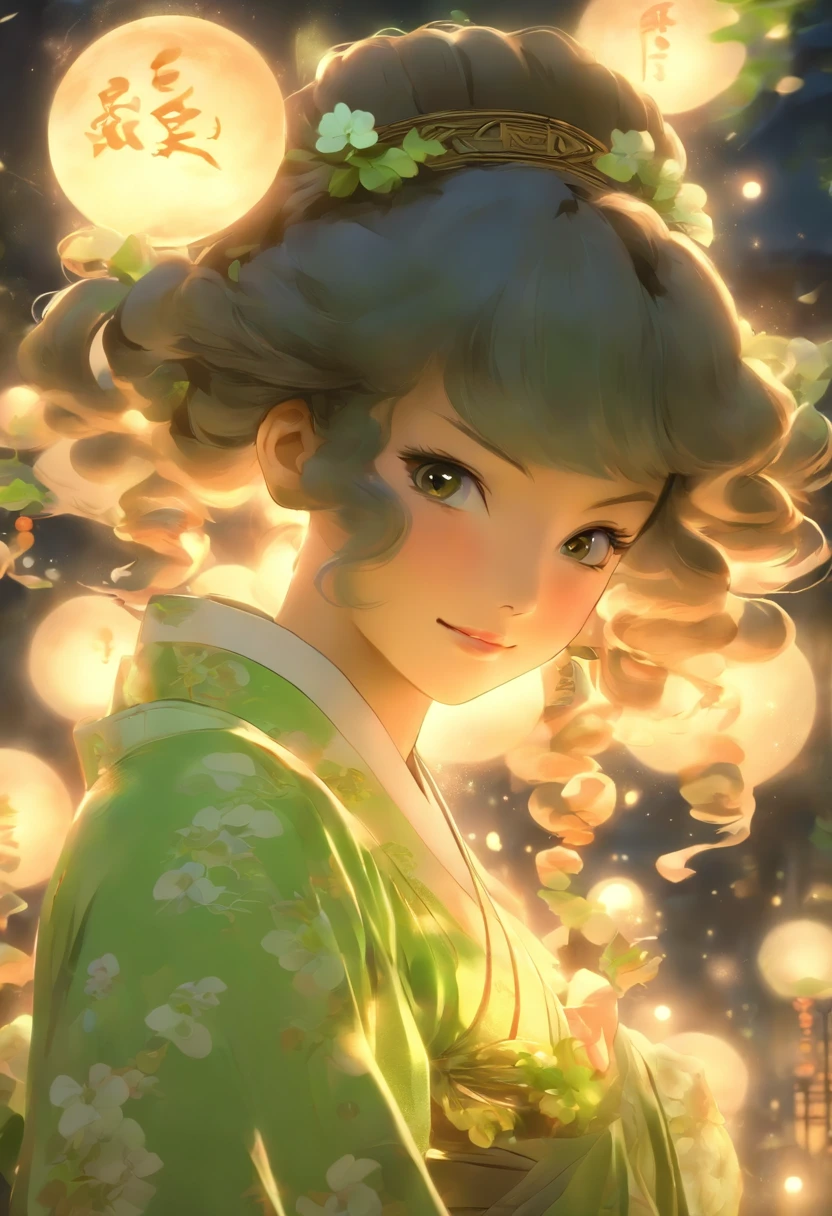 Masterpiece, Best, Night, full moon, 1 female, Mature woman, Chinese style, Ancient China, sister, Royal Sister, Smile, Dark brown hair, Dark hair, Princess cut, Braid, Curly hair, Double ball head, Pale pink lips, calm, Intellectual, Medium hair, Green pupils, Hairpin, hydrangea, Delicate face, facial closeups, Close-up of the hand