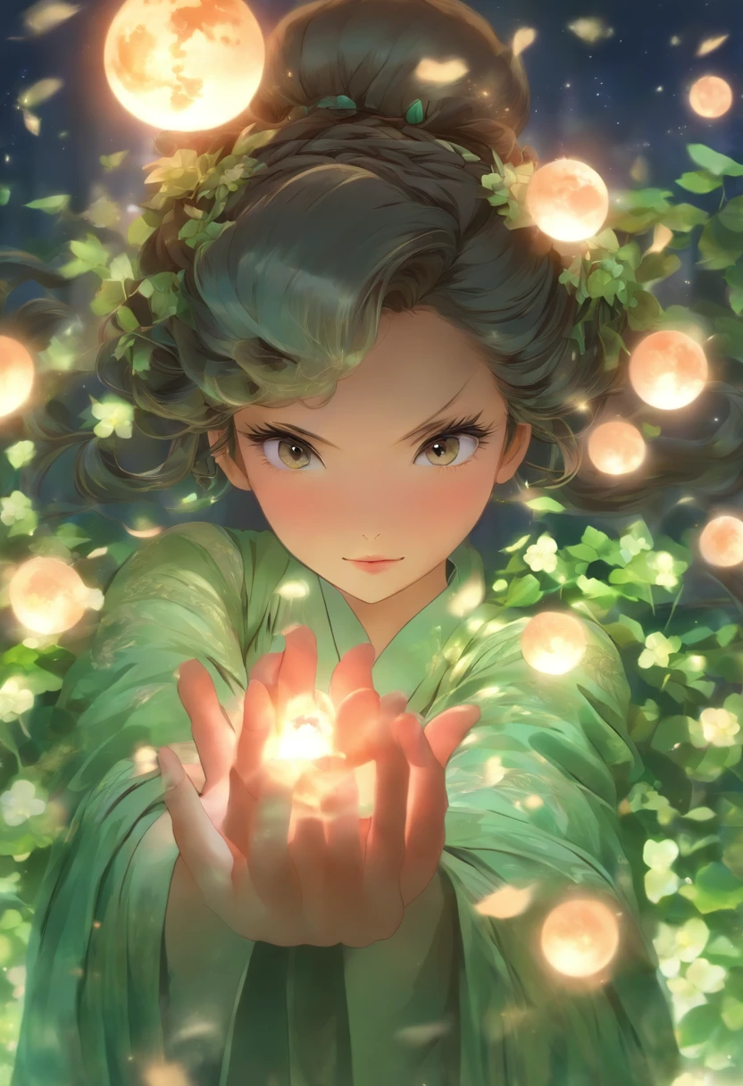Masterpiece, Best, Night, full moon, 1 female, Mature woman, Chinese style, Ancient China, sister, Royal Sister, Smile, Dark brown hair, Dark hair, Princess cut, Braid, Curly hair, Double ball head, Pale pink lips, calm, Intellectual, Medium hair, Green pupils, Hairpin, hydrangea, Delicate face, facial closeups, Close-up of the hand