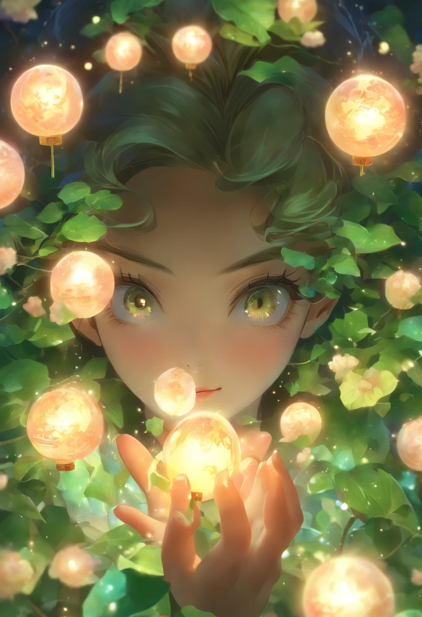 Masterpiece, Best, Night, full moon, 1 female, Mature woman, Chinese style, Ancient China, sister, Royal Sister, Smile, Dark brown hair, Dark hair, Princess cut, Braid, Curly hair, Double ball head, Pale pink lips, calm, Intellectual, Medium hair, Green pupils, Hairpin, hydrangea, Delicate face, facial closeups, Close-up of the hand