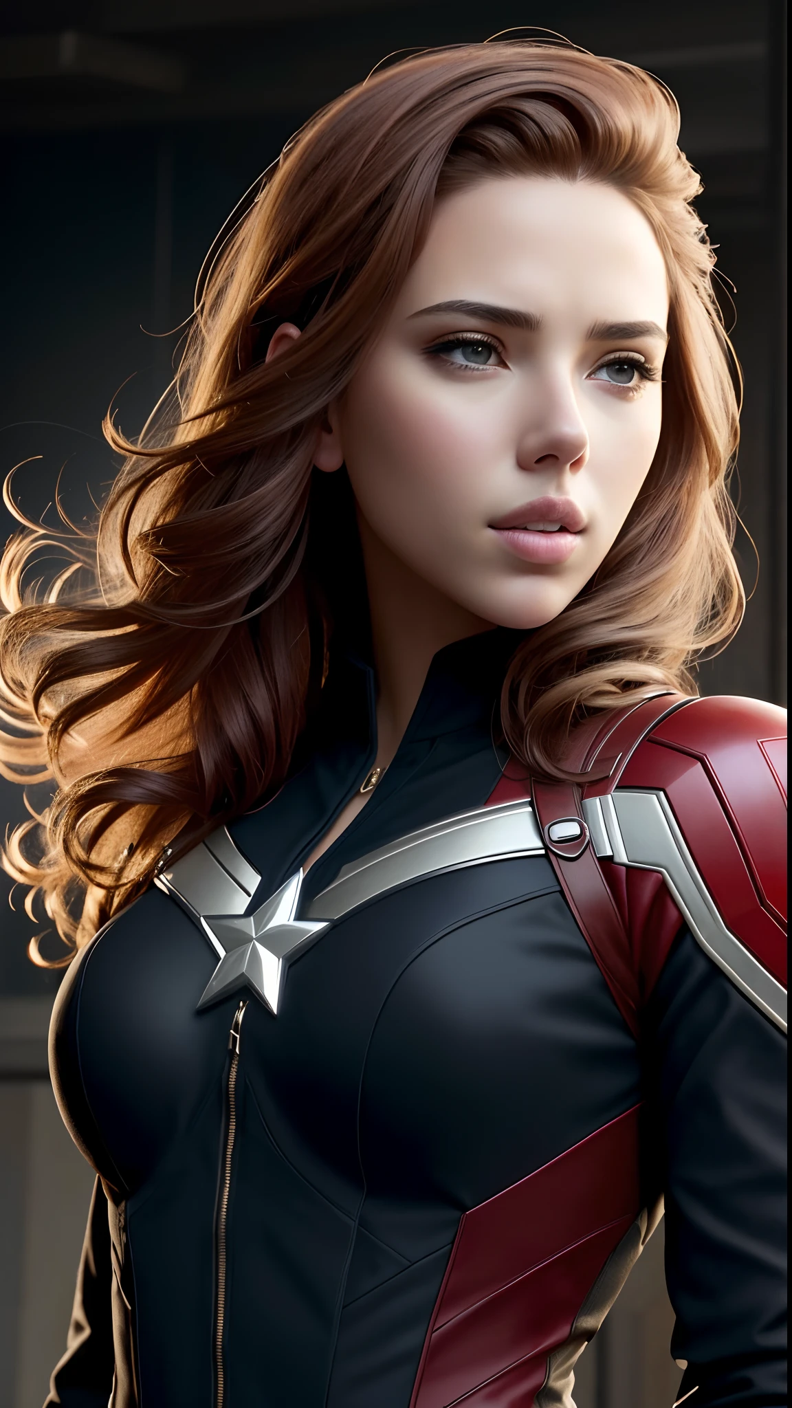 (masterpiece), (best quality), (photorealistic:1.3), 8k, detailed skin texture, detailed cloth texture, beautiful detailed face, black hair, intricate details, ultra detailed, scarlett johansson, Black Widow in the style of the Captain America, straight black hair, (full-length body:1.2)
