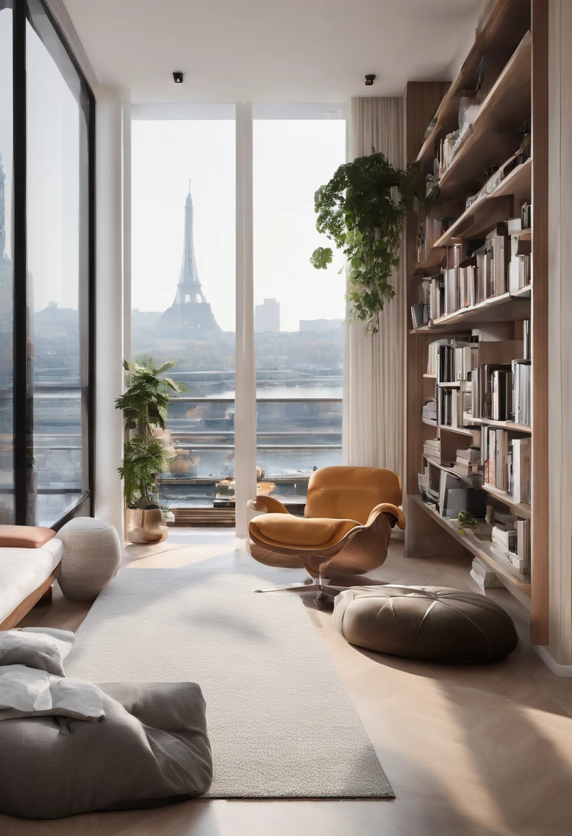Elegant space,Bright,Minimalist modern feel,There are bookshelves,There are fitness equipment,River view from the window