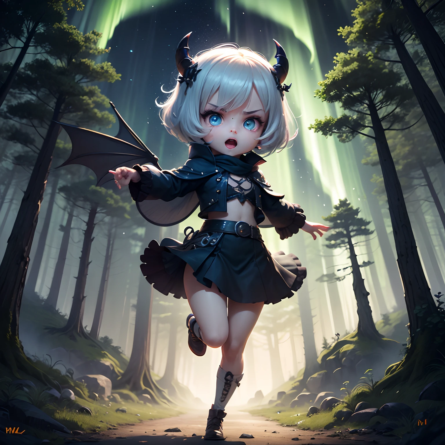masterpiece、top-quality、ultra-detailliert、(Devil's Daughter:1.2)、(Chibi Chara:1.1)、wraith、Dark Ash Princess Hair、get angry、Hill in the forest、Jumping、Aurora、optic、