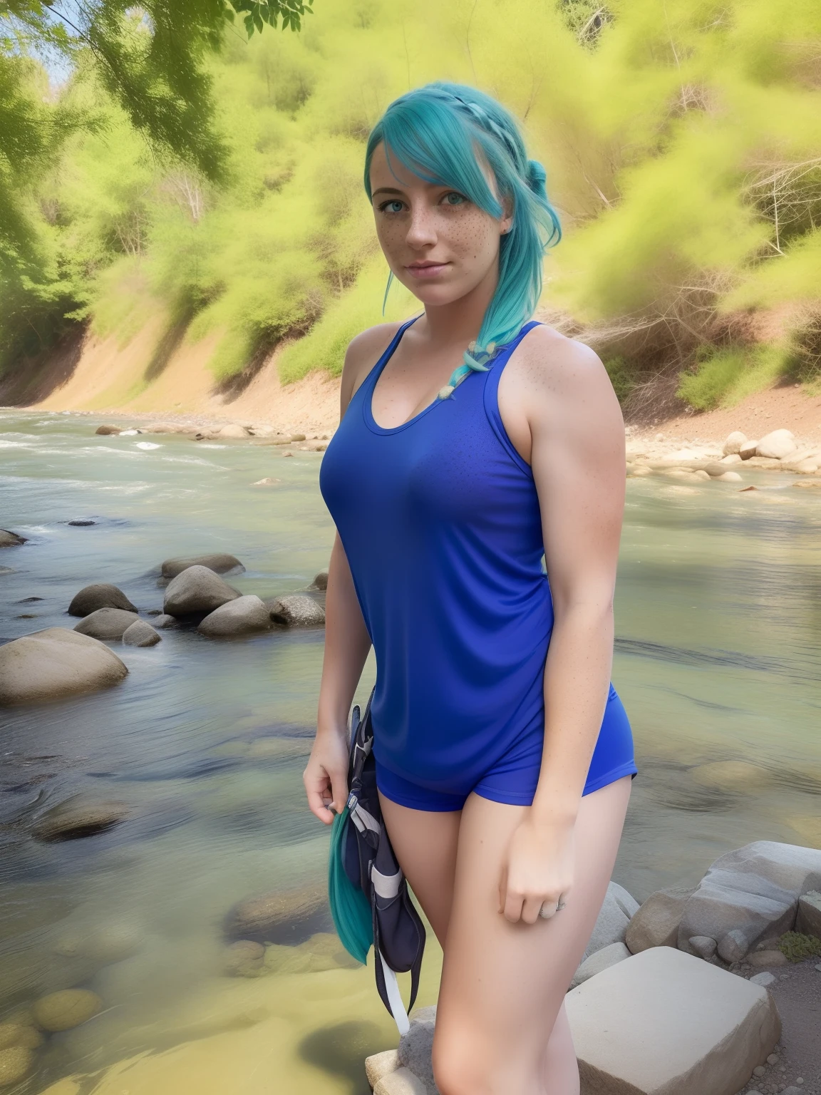 ((arafed woman with blue hair and green hair taking a selfie outside beside a river)), full pov, ((freckled)), ((big freckles)), cute freckles, light cute freckles, RAW photo, hyper photorealistic, detailed skin, soft natural raw light, highly detailed, best quality, ultra detailed, extremely detailed, taken from mobile camera, deep depth of field, grain, noise, ((nose freckles)), ((hint of freckles)), ((cleavage showing)), ((woman with freckles)), ((hint of shoulder freckles)), ((freckles!!!)), ((freckled arms)), ((freckled chest!!!)), ((light cute freckles)), ((sparse freckles)), ((wider hips)), ((fatter ass)), ((wearing a tighter tanktop and tighter booty shorts)), ((freckled arms))