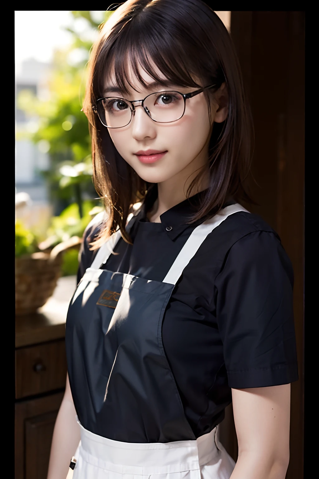 (8K、Raw photography、top-quality、​masterpiece:1.2)、(realisitic、Photorealsitic:1.37)、ultra-detailliert、超A high resolution、女の子 1 人、29yo、see the beholder、beautifull detailed face、Smile、Constriction、(Slim waist) :1.3)、Beautiful detailed skin、Skin Texture、Floating hair、Hair bunched into one、(Apron:1.4)、Professional Lighting、Autumn afternoon、kitchin、(((Black square glasses )))、Whole human body、Black hair、((Shameful appearance))、