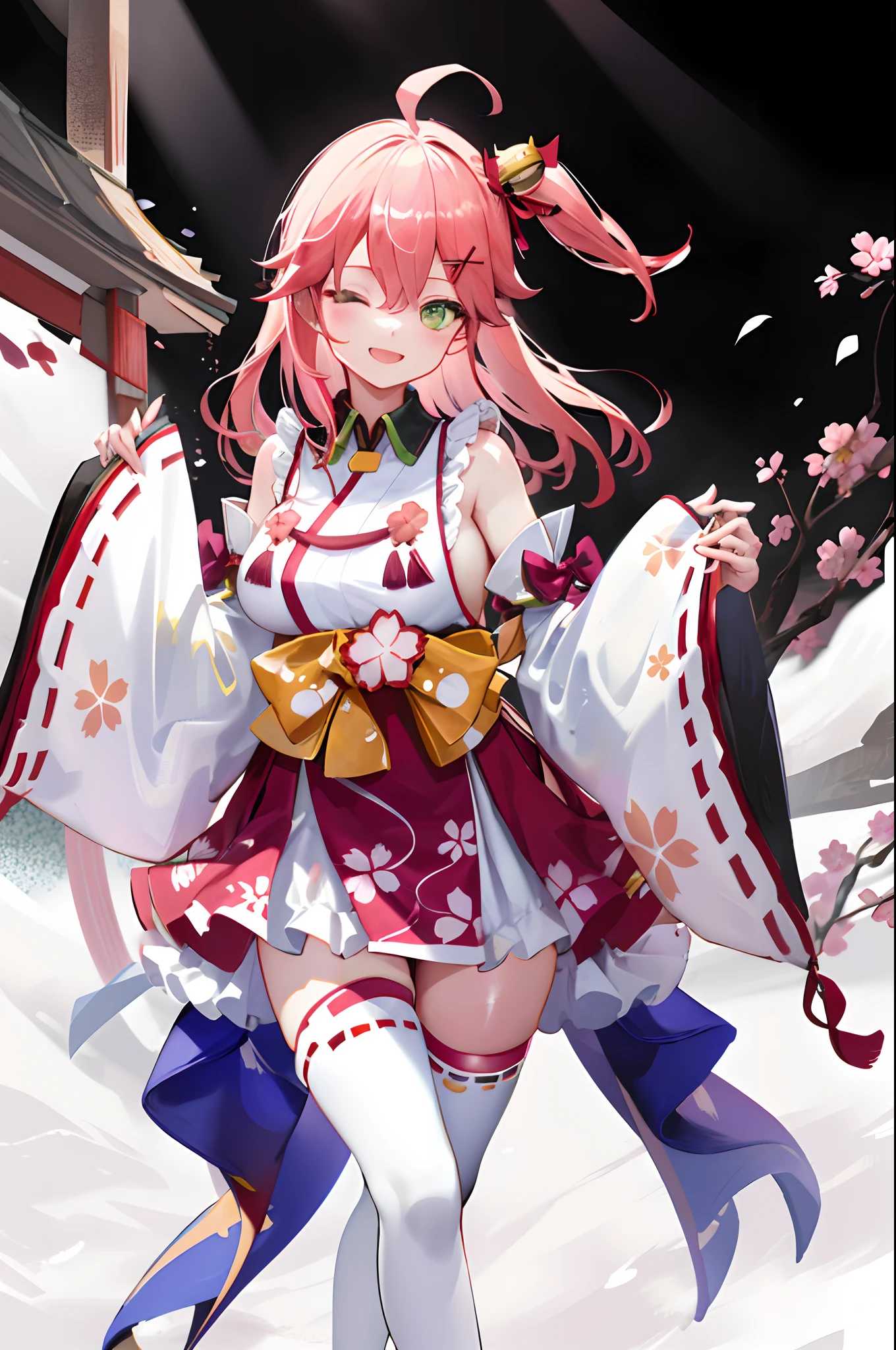 masterpiece, best quality, highres, miko1, sakura_miko, 1girl, green eyes, solo, ahoge, x_hair_ornament, pink_hair, floral print, hairclip, (sideboob:1.4), hair_bell, floral print, long_hair, hair between eyes, one side up, white thighhighs, asymmetrical legwear, wide sleeves, open_mouth,happy,close_eyes, smile,dynamic_posing,rising_leg,plump,apart_legs,(overly_long_sleeves:1.1),(beautiful_fingers),sleeves_past_wrists,hands_hidden_sleeves