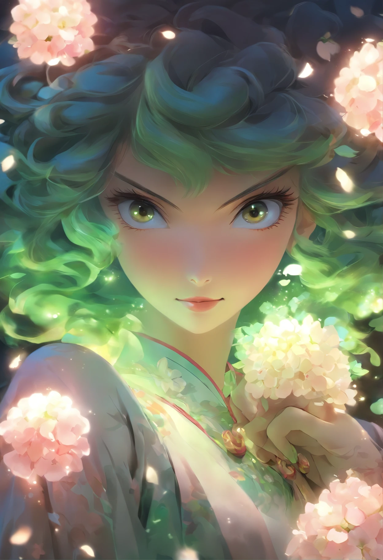 Masterpiece, Best, Night, full moon, 1 female, Mature woman, Chinese style, Ancient China, sister, Royal Sister, Smile, Dark brown hair, Dark hair, Princess cut, Braid, Curly hair, Double ball head, Pale pink lips, calm, Intellectual, Medium hair, Green pupils, Hairpin, hydrangea, Delicate face, facial closeups, Close-up of the hand