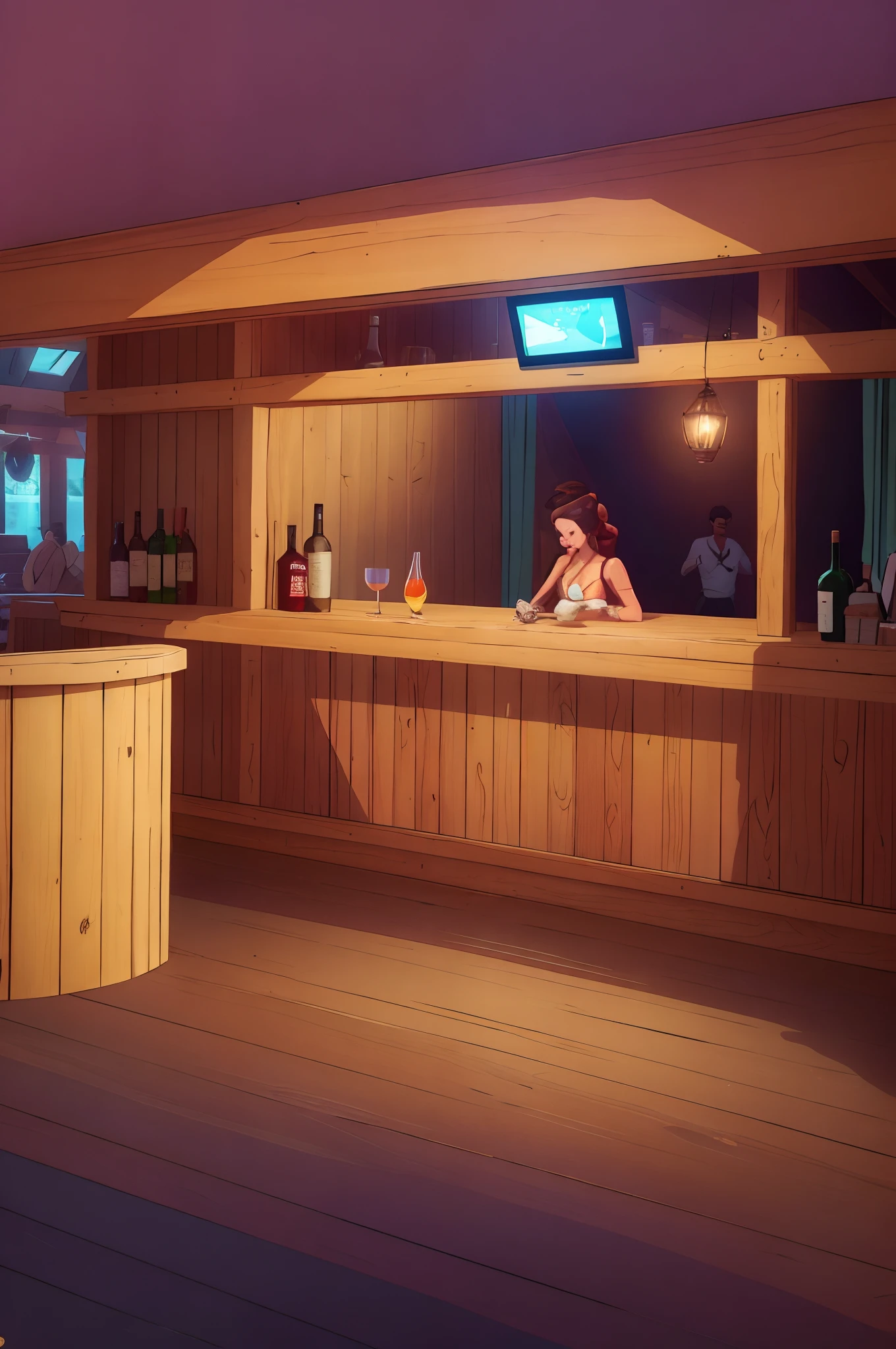 (best quality,Alto,master part:1.2),vivid colors,ultra-detalhado,vista deslumbrante de todo o bar,prateleiras lindamente abastecidas com uma grande variedade de bebidas,Great attention to detail,ambiente relaxante,pessoas sentadas em suas mesas ao fundo,desfrutando de suas bebidas tranquilamente,warm lighting,ambiente aconchegante,design de bar atraente,exquisite decoration,Friendly bartender preparing cocktails,refined glasses and beverage presentations,light reflections on the bar counter and shelves,Inviting seating areas,Impressive architectural elements,glass windows offering a panoramic view of the surroundings,clientes envolvidos em conversas animadas,elegant furnishings,delicious aroma of cocktails floating through the air,clientes elegantes desfrutando de sua noite fora,bebidas lindamente decoradas com frutas frescas e ervas,a variety of drinks to suit all tastes and preferences,vibrante, relaxed vibe,mix of modern and classic design elements,Well-stocked bar with selections of popular and rare drinks,nice color scheme that improves the overall environment. Mai pessoas emplementando o ambiente
