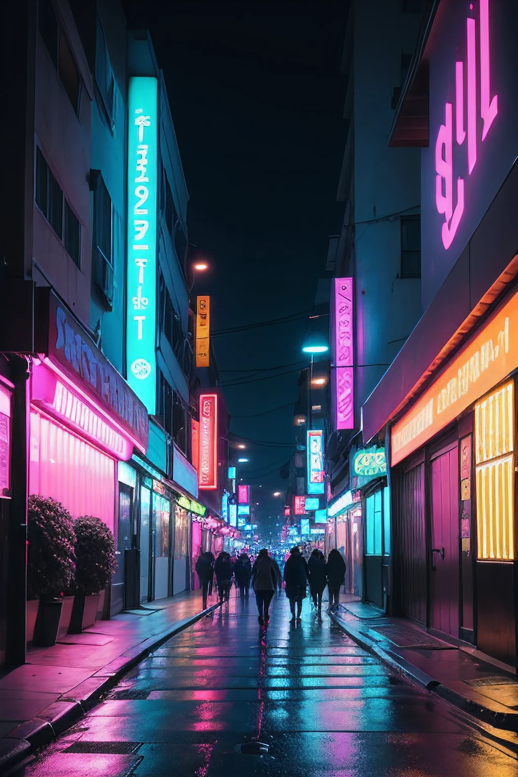 city streets at night, Cyberpunk aesthetics, neon cyberpunk, Fantastic colorful cyberpunk colors, Rua Cyberpunk, vibe cyberpunk, Pista Cyberpunk, Cyberpunk cores brilhantes, Estilo cyberpunk ultrarrealista, Cyberpunk aesthetics, vaporwave cyberpunk, Psychedelic, High detail, arte conceitual, Chiaroscuro, perspectiva, UHD, melhor qualidade, , tamanho 768x1366 pixels