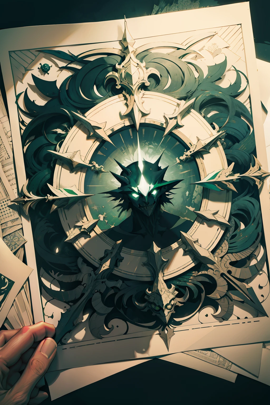 symetrical composition, Intricate patterns, Delicate paper cutouts,Paper texture, Depth, Shadows,disarray,darkly,Paper cut material in reflective tones,Dramatic lighting,Cute Abyss Demon,Emerald green flame