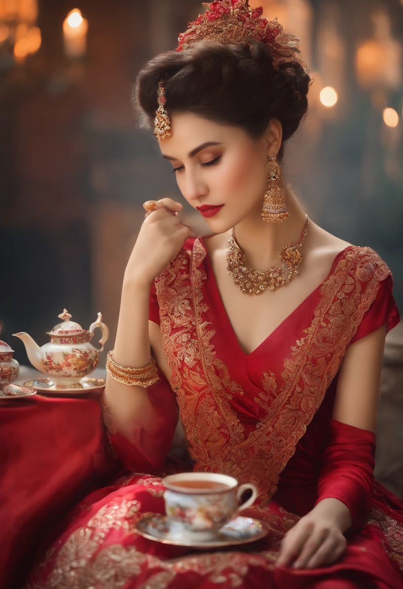 A girl,beautiful clothing,Tea in hand