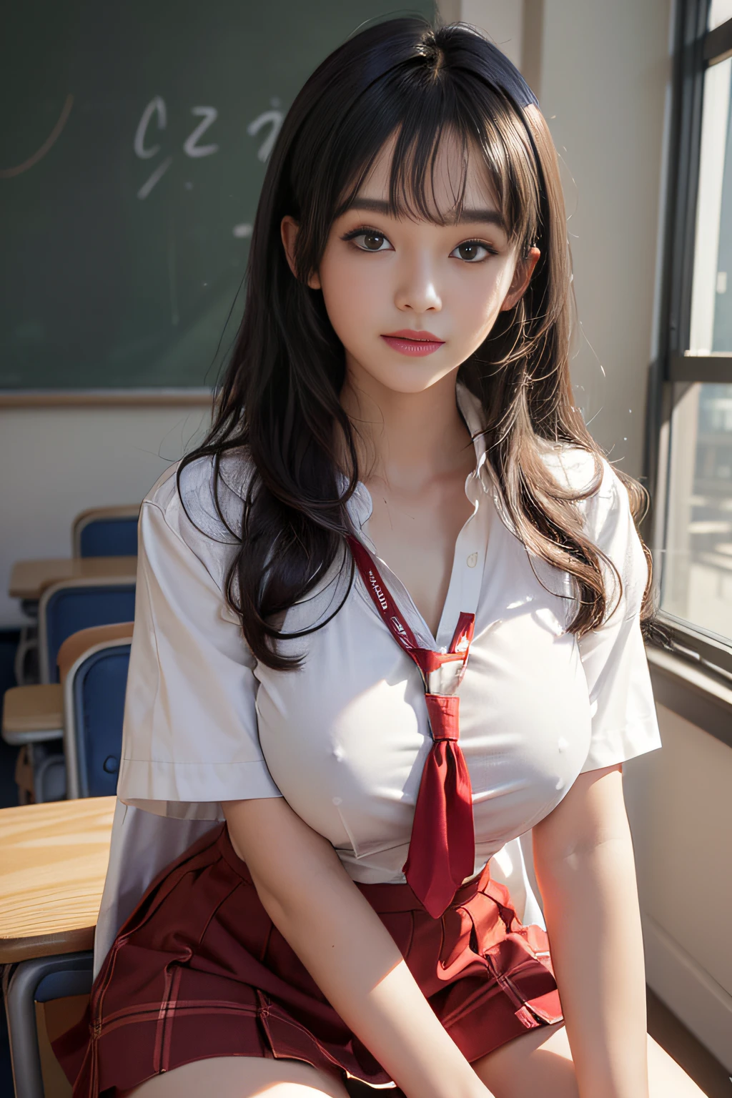 (Front Focus),(in the darkness nigth:1.6),Surrealist portraits of women by David Hockney and Alphonse Mucha,((ultra gigantic tits))、((Upper body naked))、( Exposed)、((A smile))、Schools、Classroom、(((Lying on your back at a desk in a classroom)))、matingOK、I want to mate、((female high-school student))、Fantasyart,(((short shiny black hair)))、((Mini skirt schoolgirl uniform with white shirt and red skirt))、((Schoolgirl costume with white shirt and red skirt))、High School Girl、((Schoolgirl Japan Sex、Schoolgirl dress white shirt and red skirt,Small fabrics))、photographrealistic,动态照明,art stations,poster for,Volumetriclighting,extra detailed face,4 k'',((Colossal tits))、Beautifully embroidered sexy schoolgirl costume,((Underdressing))、((Cracked white shirt))、(Large from between shirts)、Contains diamonds,Sexy thighs,Beautifully embroidered schoolgirl costume and fine jewelry,exposing the abdomen ,Chest 1 Girl, In the Dark, deepshadow, low tune, Cowboy Shot,(official outfit:1.4), The eyes are confused and seductive,legs separated